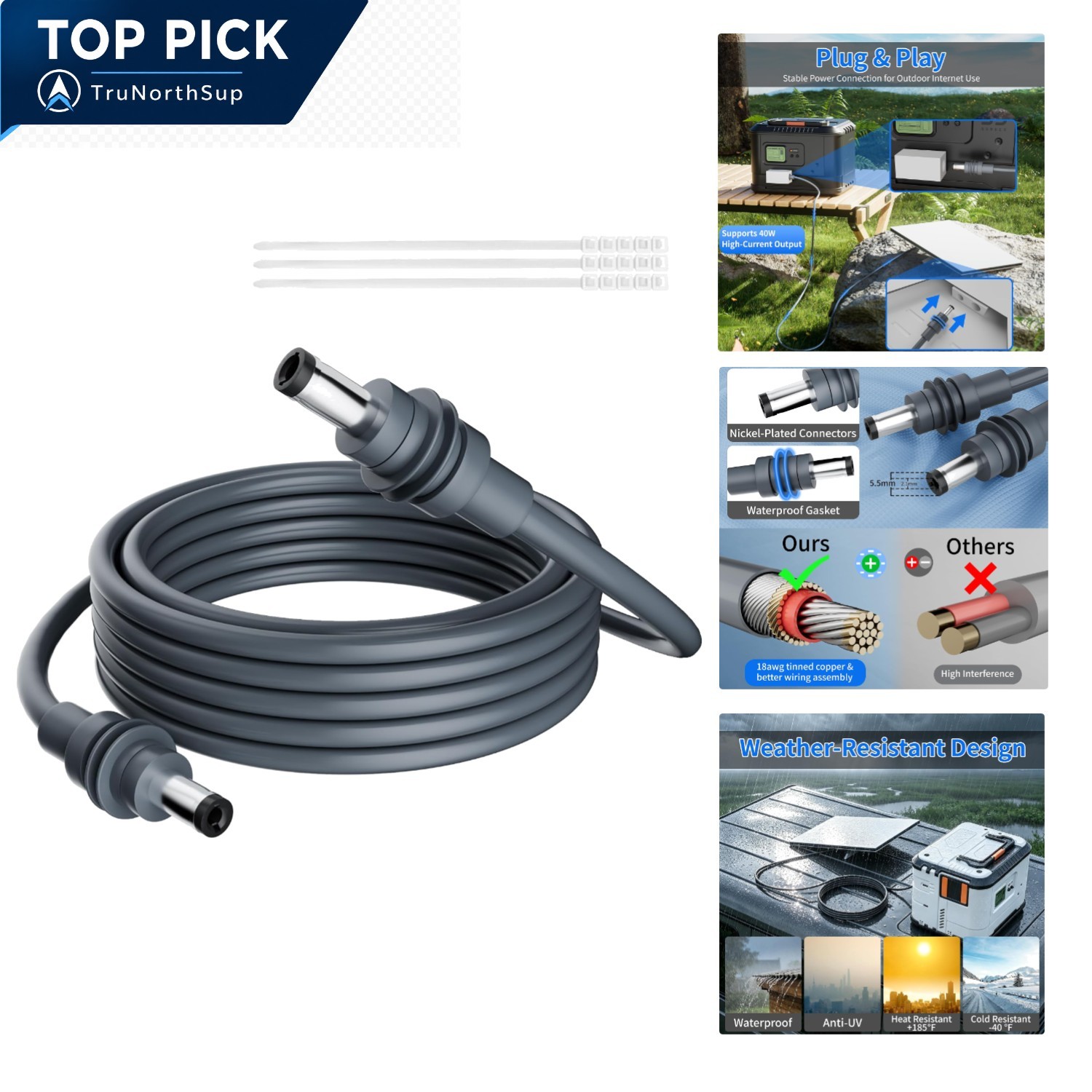 Starlink Mini DC Power Cable 15 ft Replacement Extension Waterproof Gray 18AWG