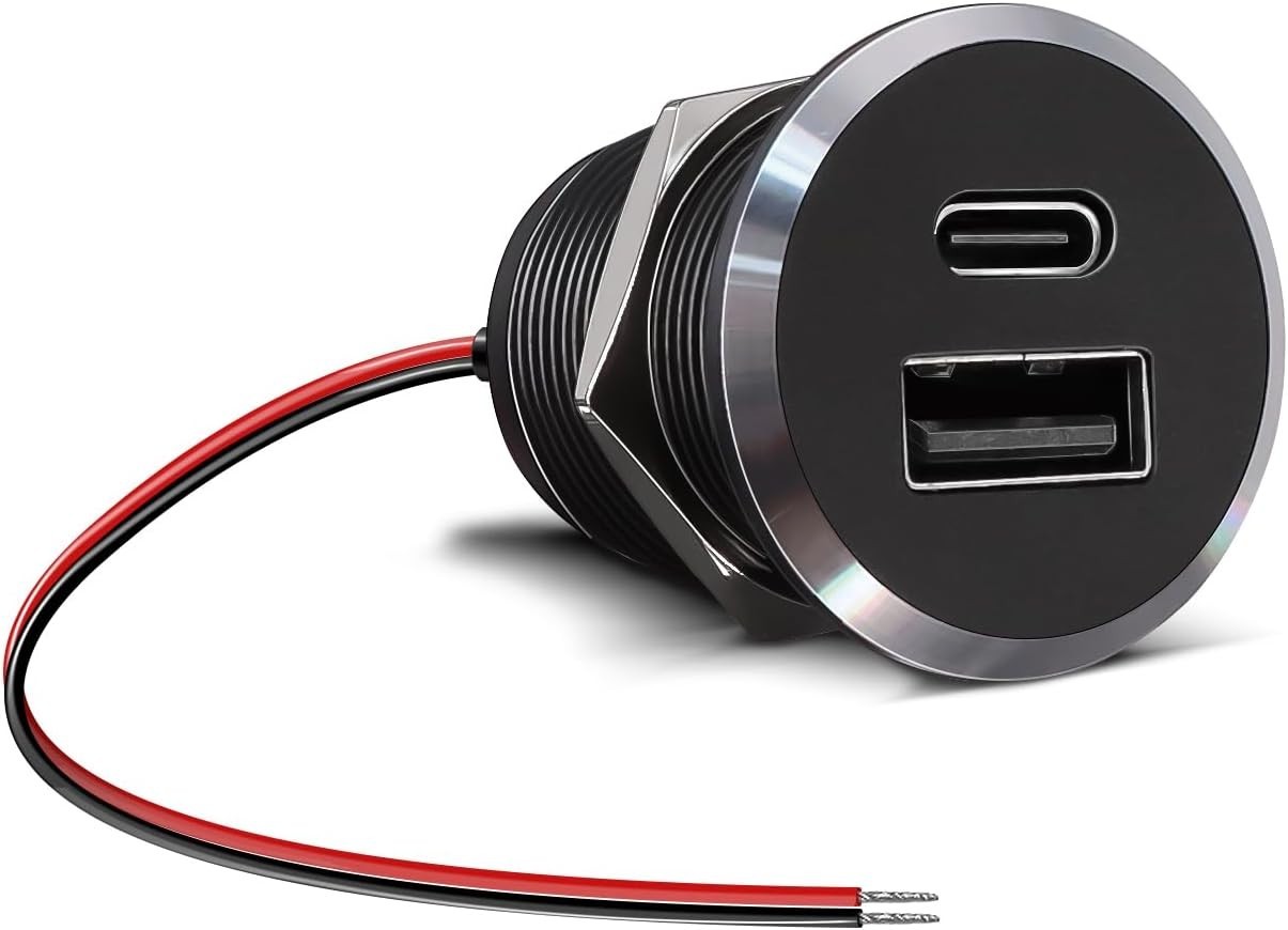 12V USB Outlet All-Aluminum QC 3.0 USB-A & USB-C PD3.0 Dual Small Version