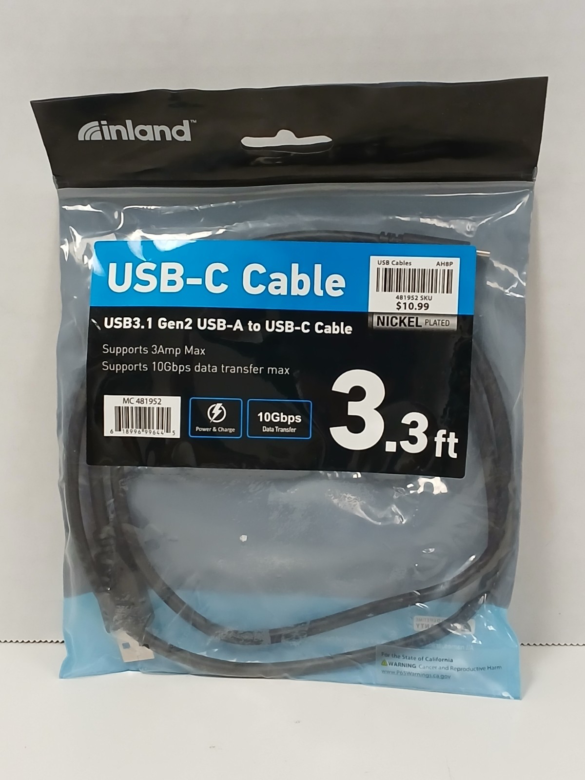 Inland USB-A To USB-C Cable, USB3.1 Gen2 Nickel Plated, 3.3ft
