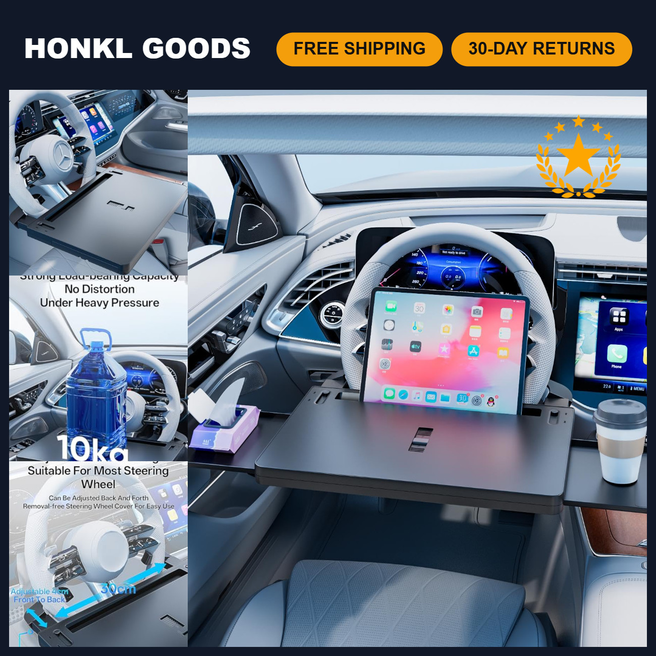 2-in-1 Extendable Steering Wheel Tray - Adjustable Car Desk for Laptop & Food -