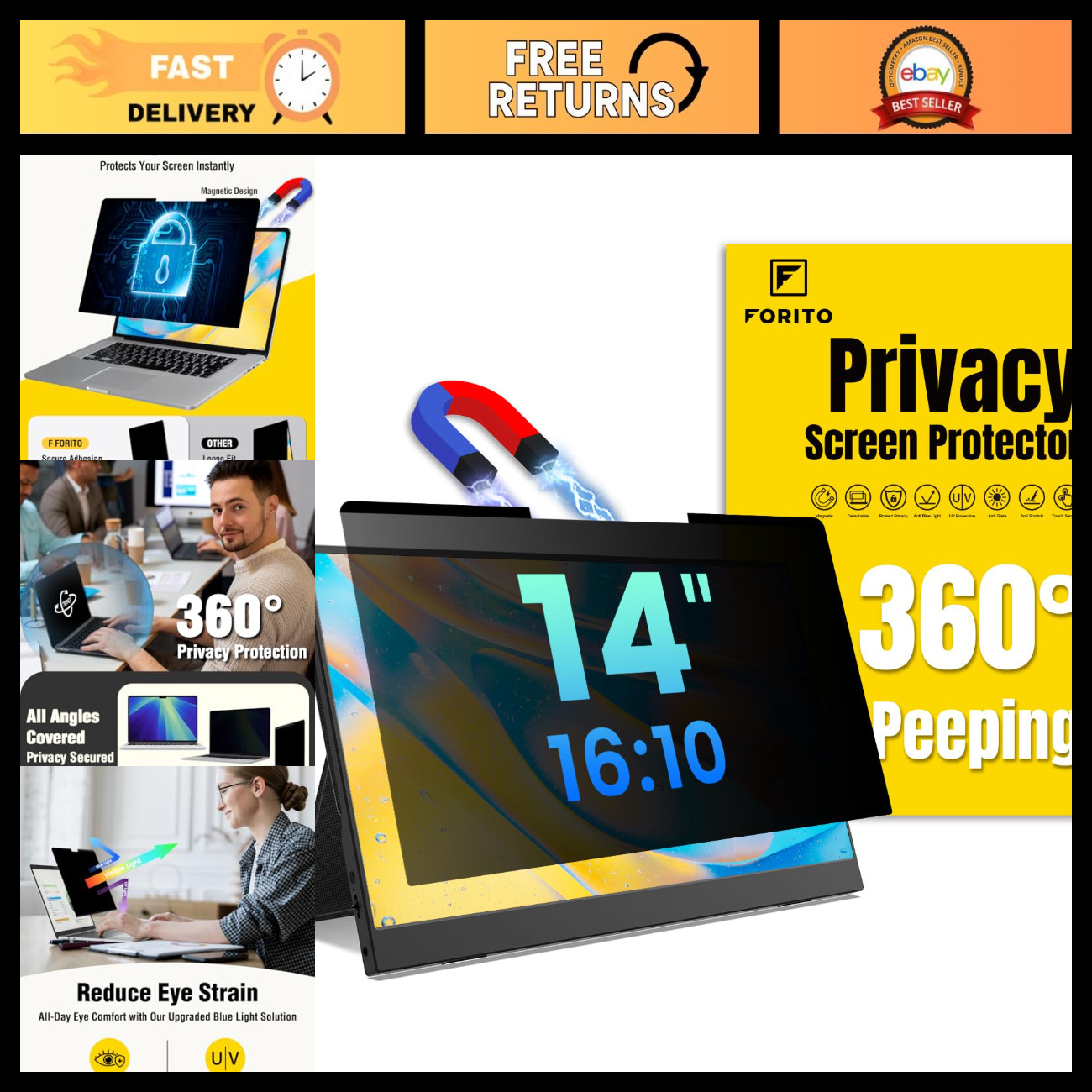 14" Magnetic Laptop Privacy Screen - 360° Anti-Peeping, Removable Anti-Glare Fil