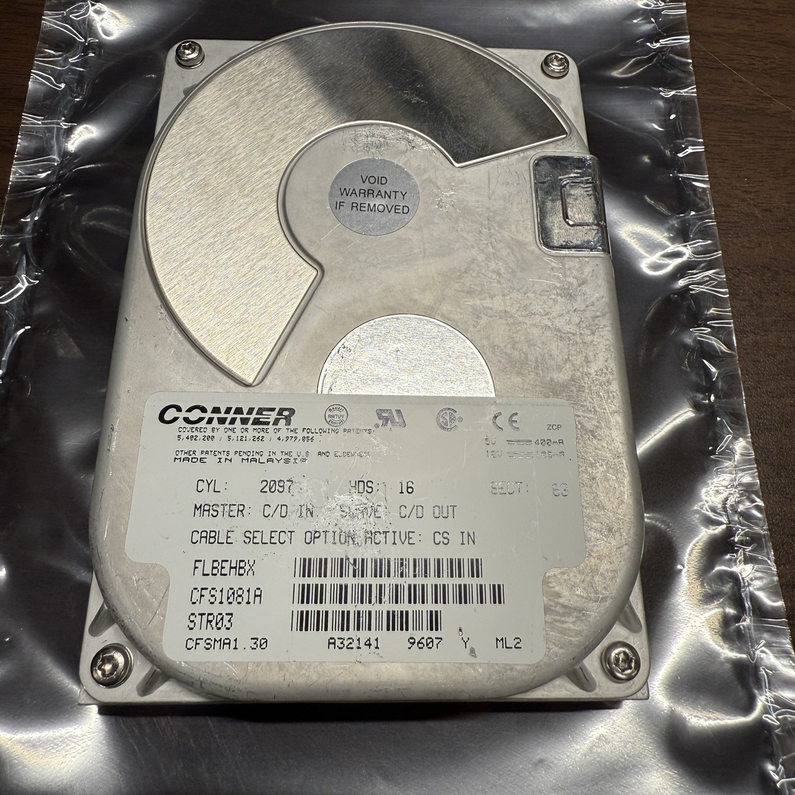 Vintage Conner CFS1081A 1080MB 1.08GB 3.5" IDE Internal Hard Drive Tested