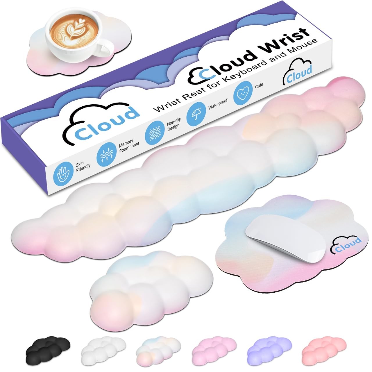 4 in 1 Ergonomic Leather Cloud Wrist Rest Keyboard and Mouse Long, 02rainbow