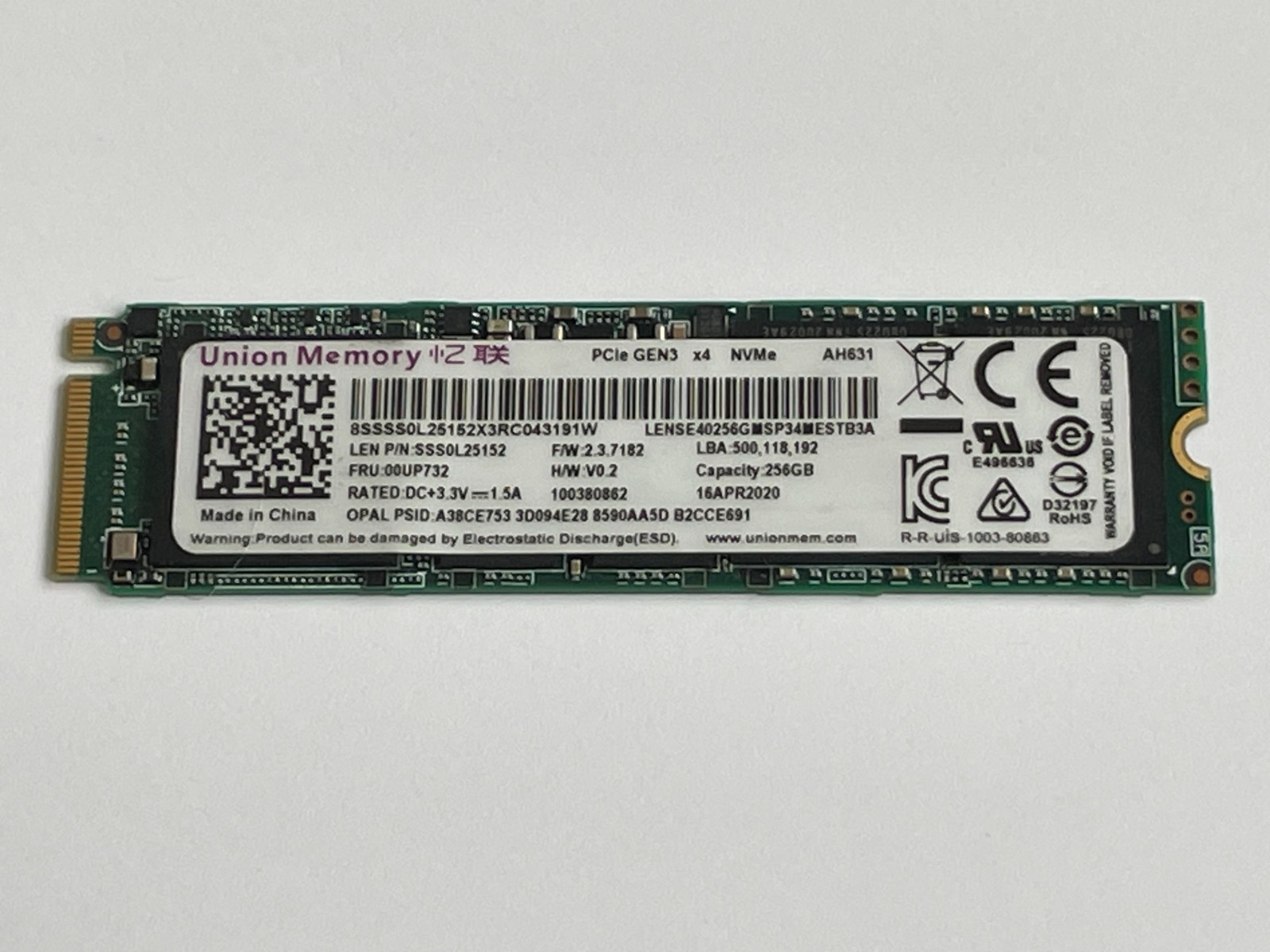 Union Memory 256GB NVMe M.2 PCIe Gen3 SSD Solid State Drive SSS0L25152 Lenovo