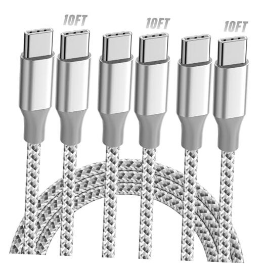 KYEHD USB C Cable，3 Pack 10FT 60W Fast Charging USB C to USB C Grey white