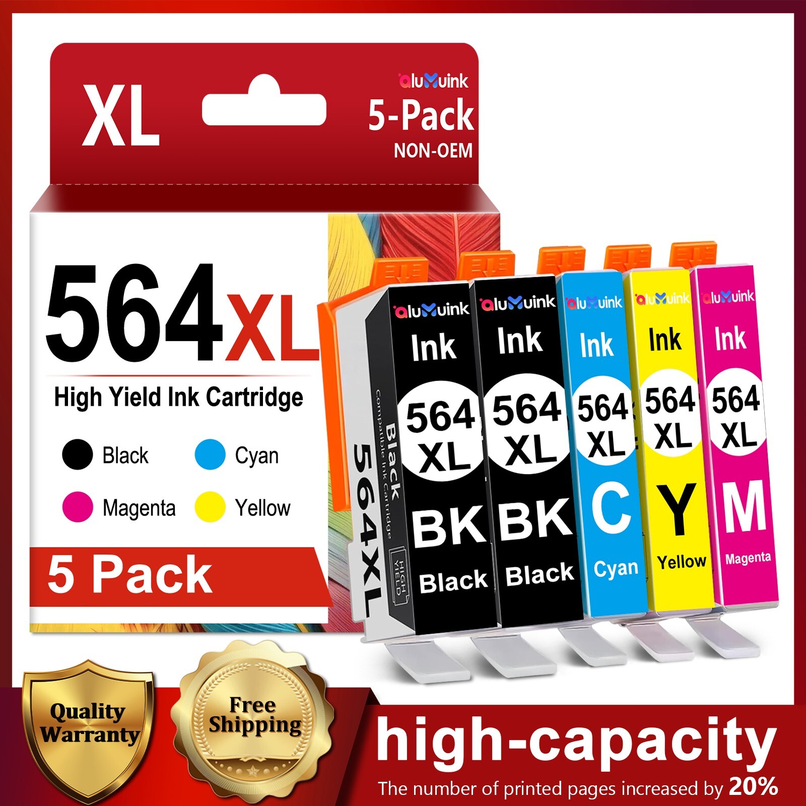 564XL High Yield Ink Cartridges (5-Pack) for HP DeskJet 3520 Photosmart 7520