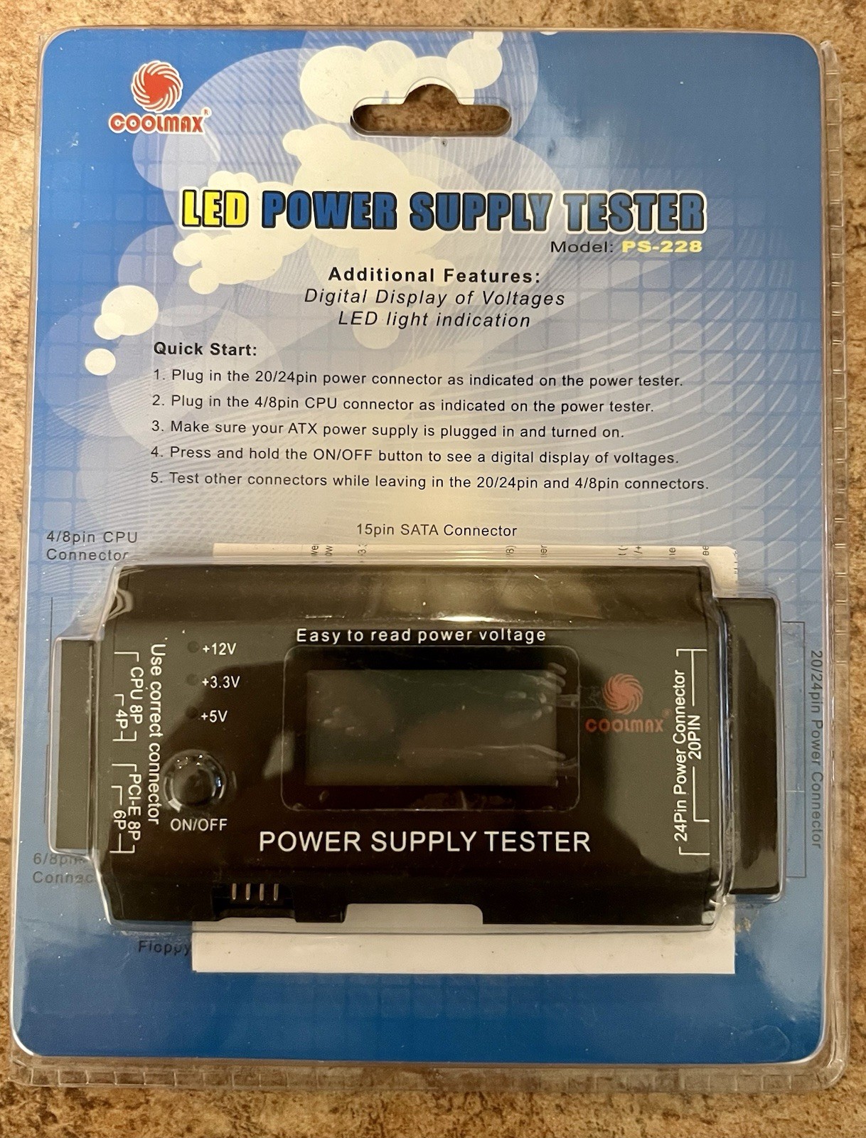 Coolmax Power Supply Tester 20/24 Pin PS-228 New in Box