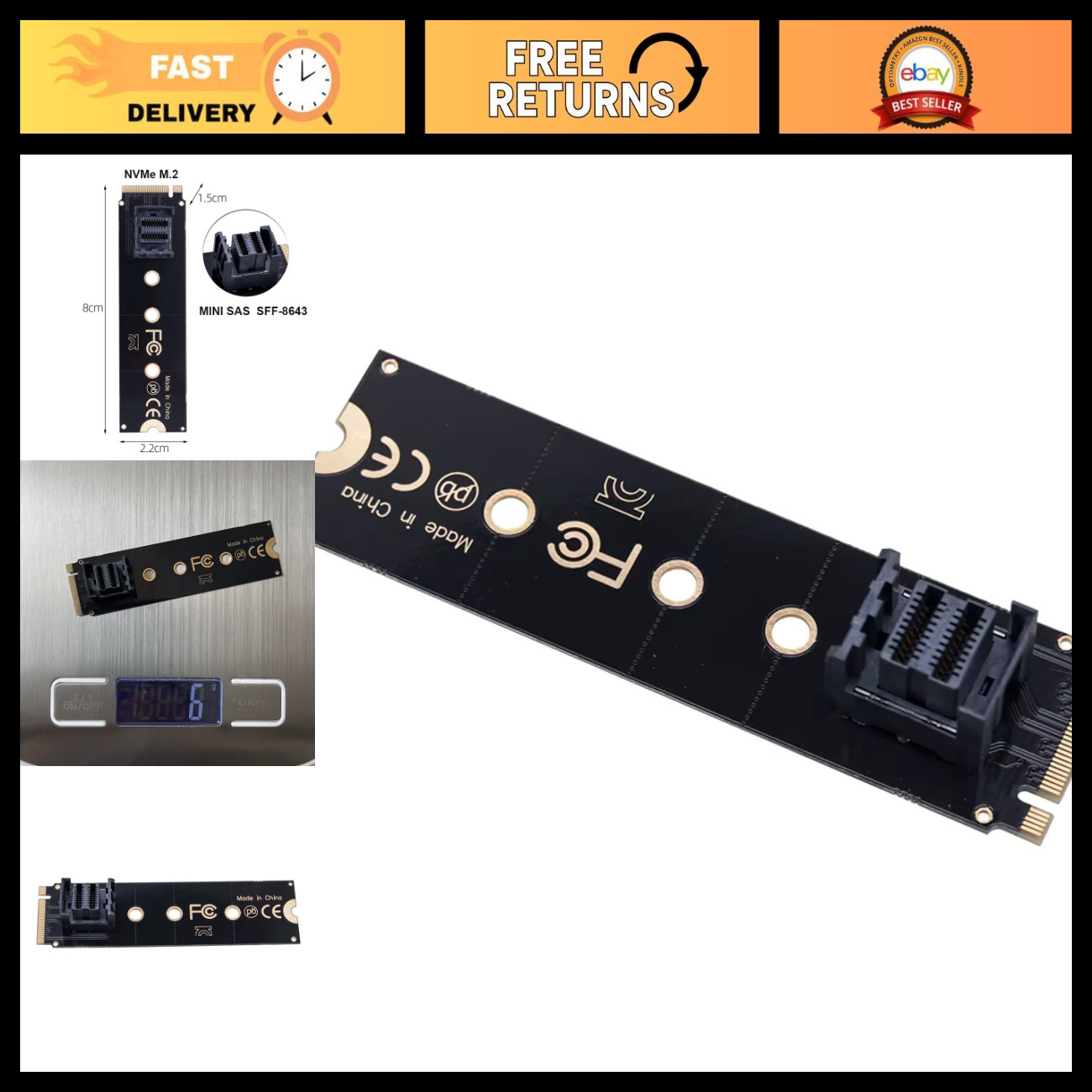 M.2 NVMe to Mini SAS SFF-8643 Adapter Converter for U.2 SSD - Laptop/PC Expansio