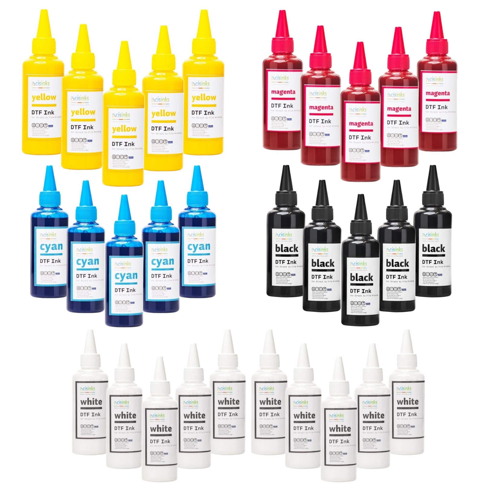 CISinks Premium Large DTF Ink Bottle Bulk Refill Set (100ml x 30, 5XCMYK 10X Wh)