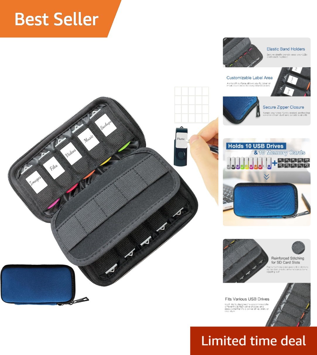 Neoprene USB Drive Holder with 10 Slots for Flash Drives & SD Cards - Blue