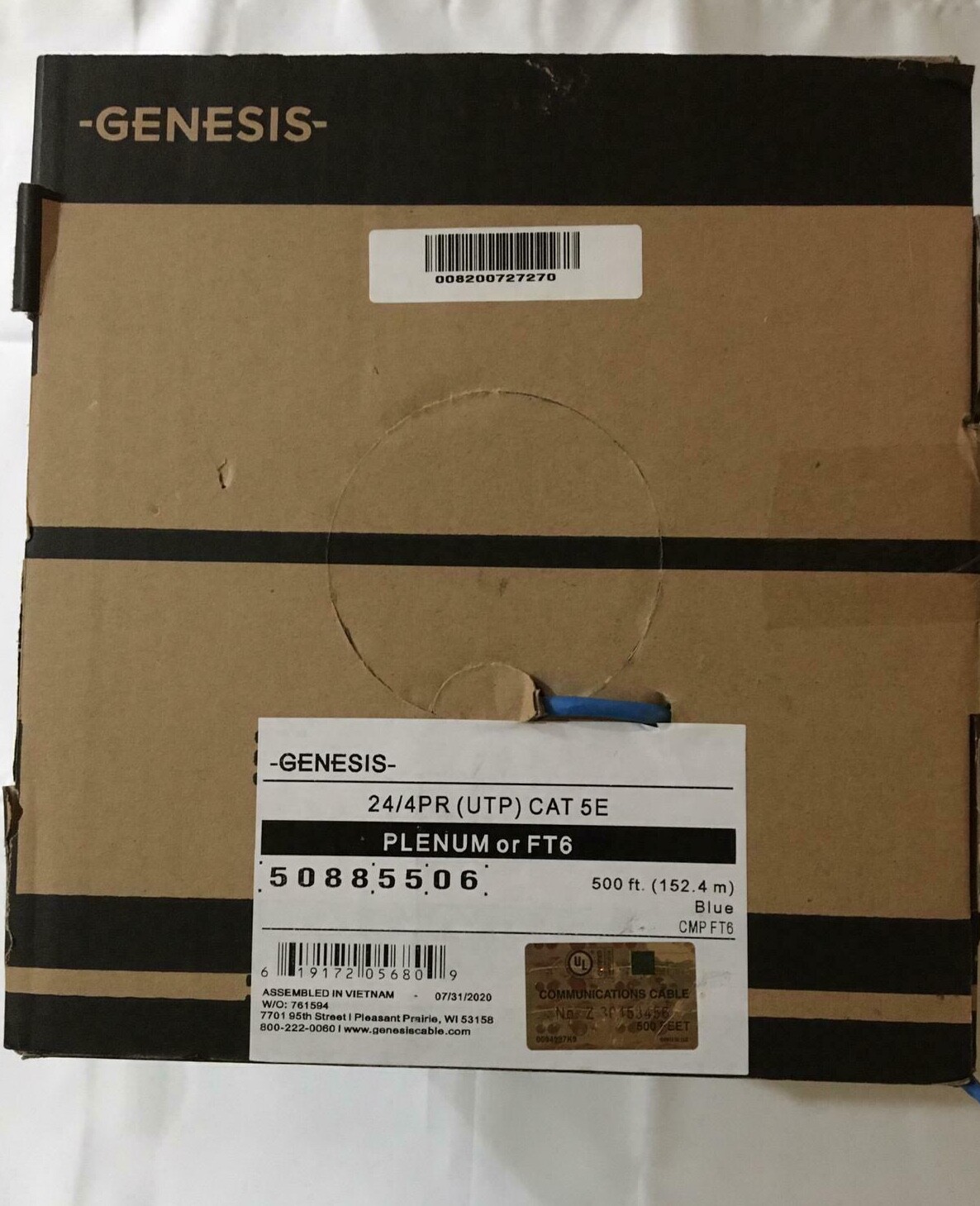 NEW GENESIS 24/4PR CAT 5E Bulk Solid Wire UTP PLENUM BLUE 500ft/ 50885506