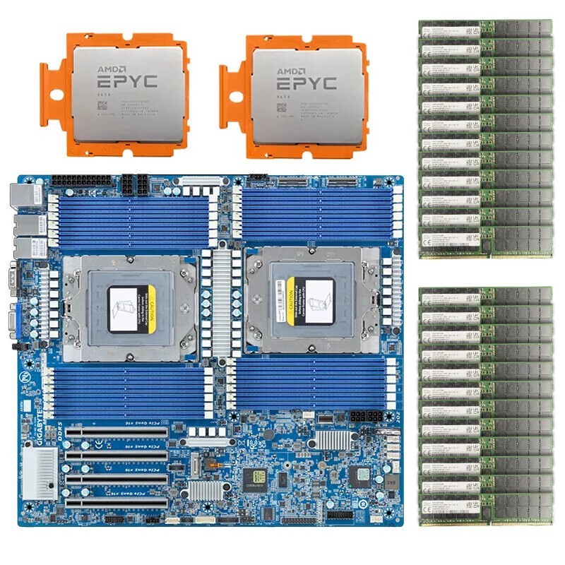 Gigabyte MZ73-LM0 With 2x AMD EPYC 9654 CPU，24x 16GB 4800MHz 384GB RAM，2xCooler