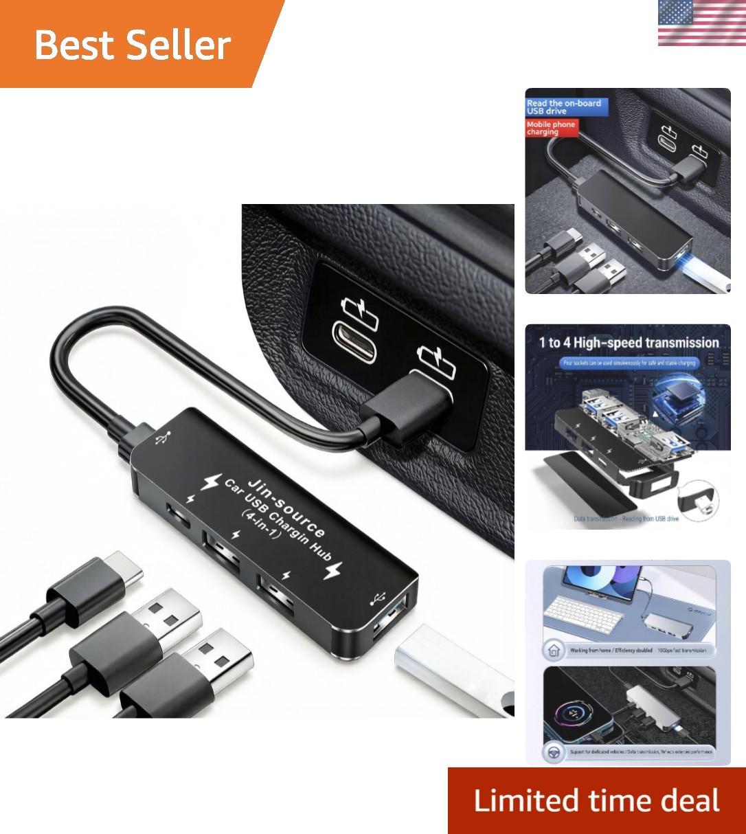 Car Accessories 4-in-1 Car USB Hub Equipped with a Data Interface and Multipl...