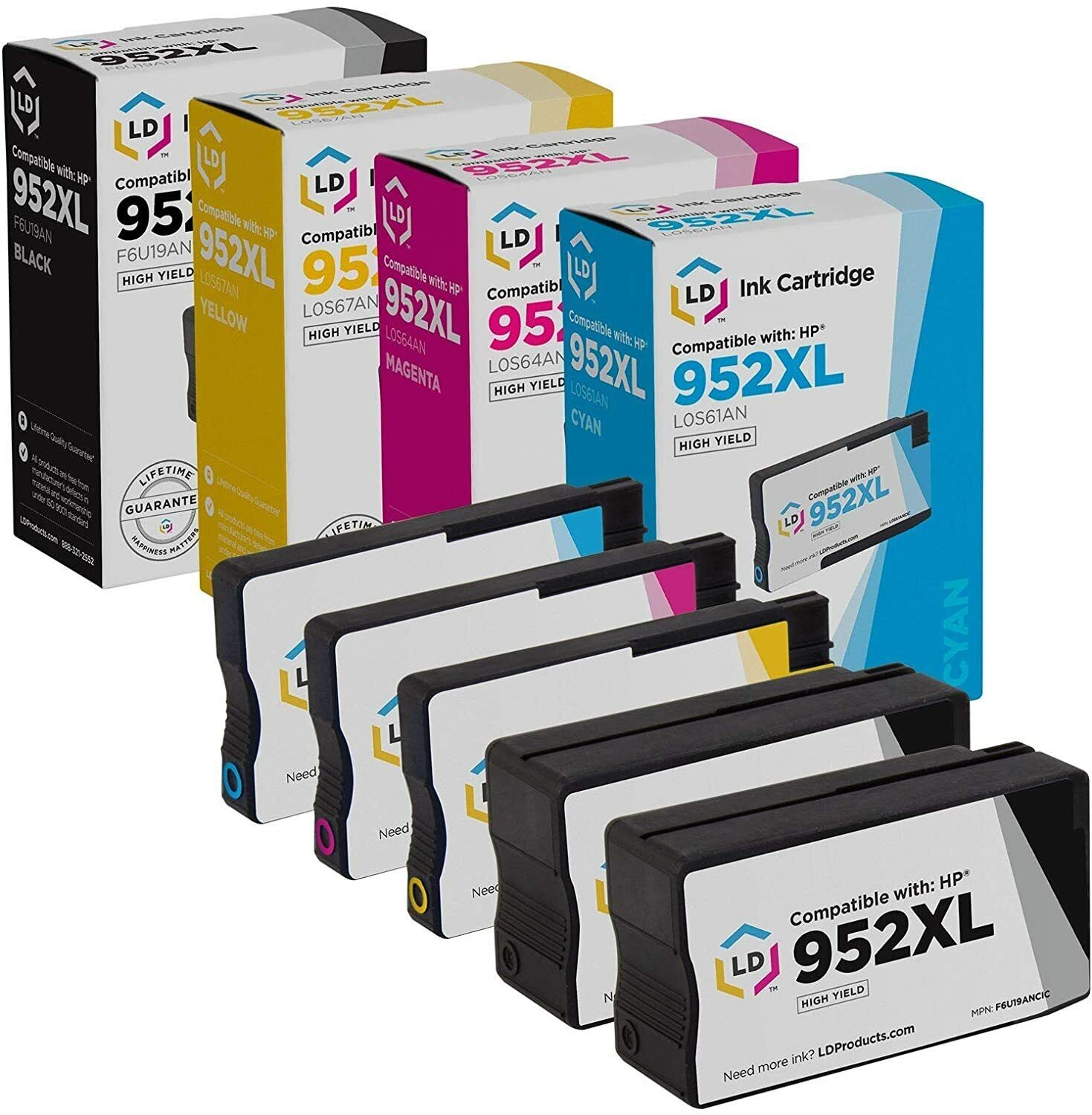 LD COMP HP 952 / 952XL Set of 5 Ink Cartridges: 2 Blk 1 Cyan 1 Magenta 1 Yellow