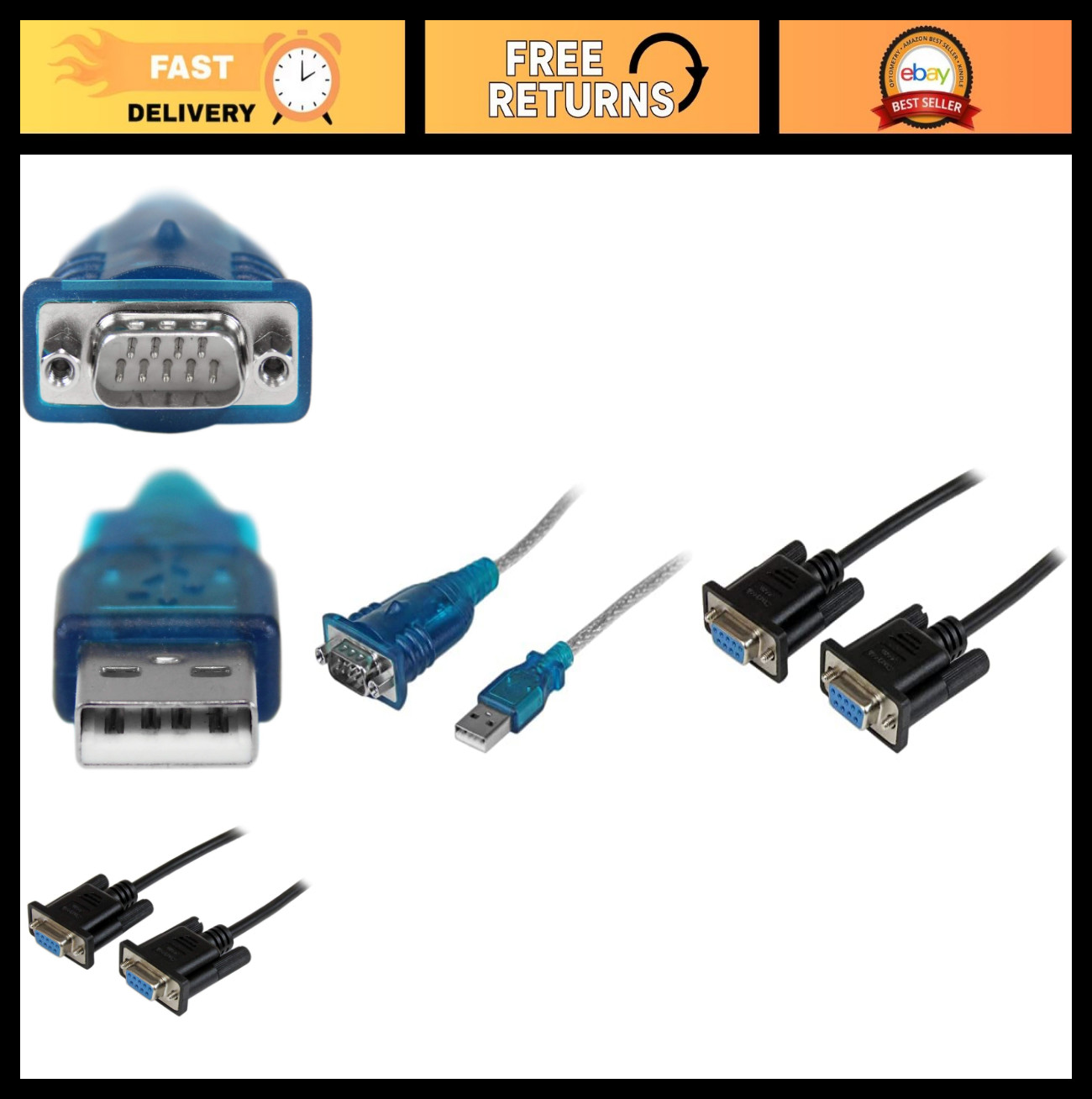USB to Serial RS232 Adapter with 2m DB9 Female to Female Null Modem Cable - 9 Pi