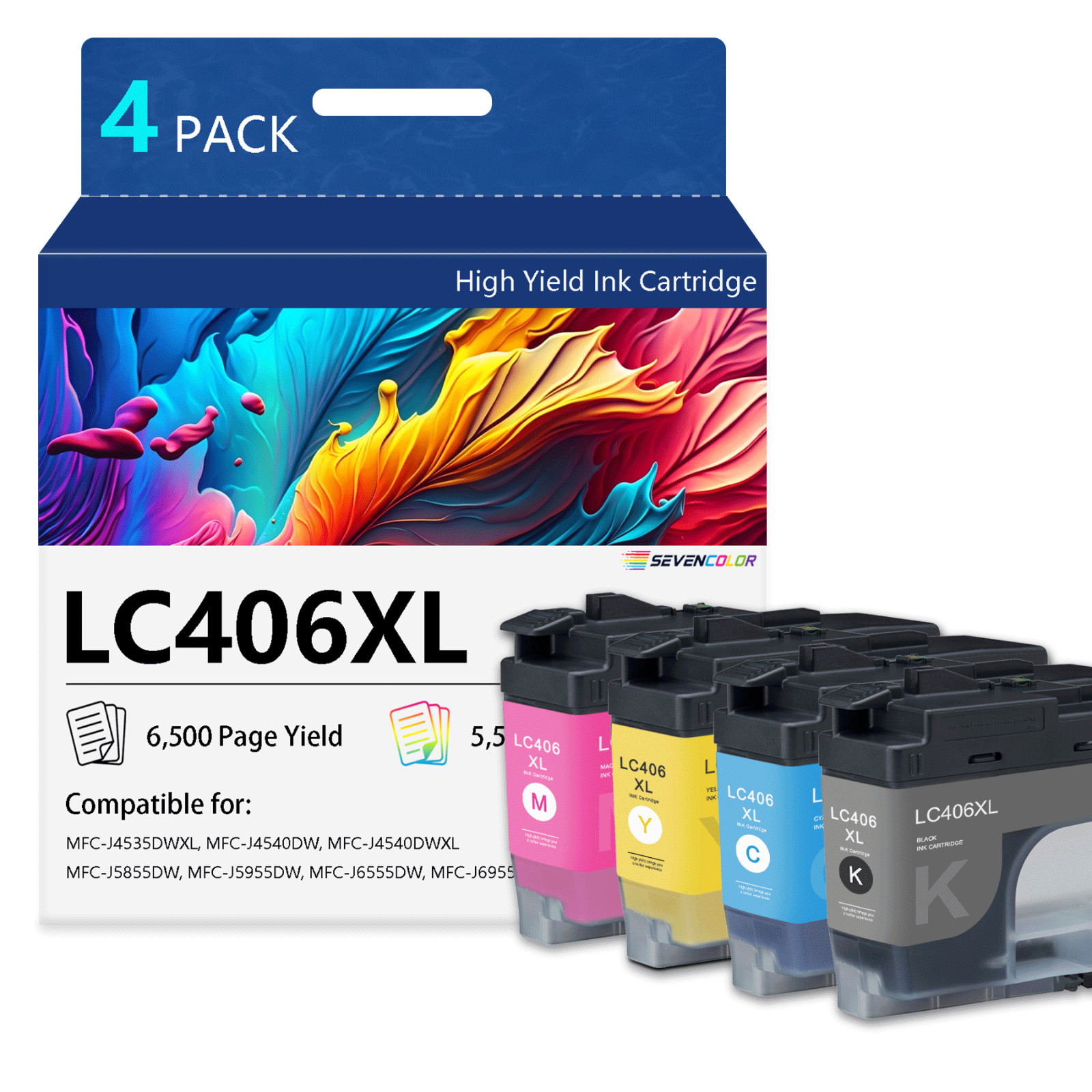 LC406XL High Yield Ink Cartridges (4Pack, KCMY) Compatible with MFC-J4535DW