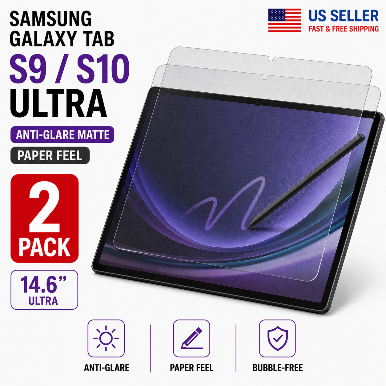 Samsung Galaxy Tab S9 S10 Ultra Anti-Glare Matte Screen Protector Paper Feel 2PK