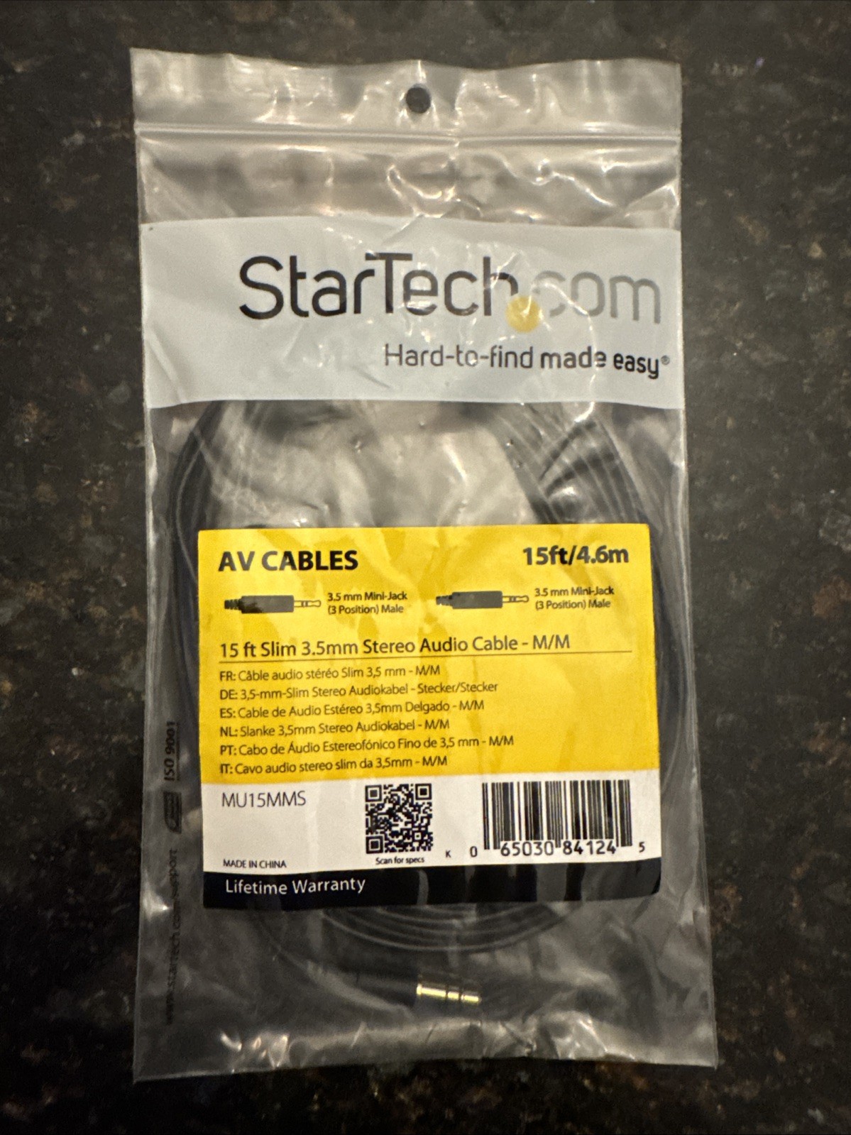 StarTech MU15MMS 15 ft Slim 3.5mm Stereo Audio Cable- M/M Mini-phone Male Stereo
