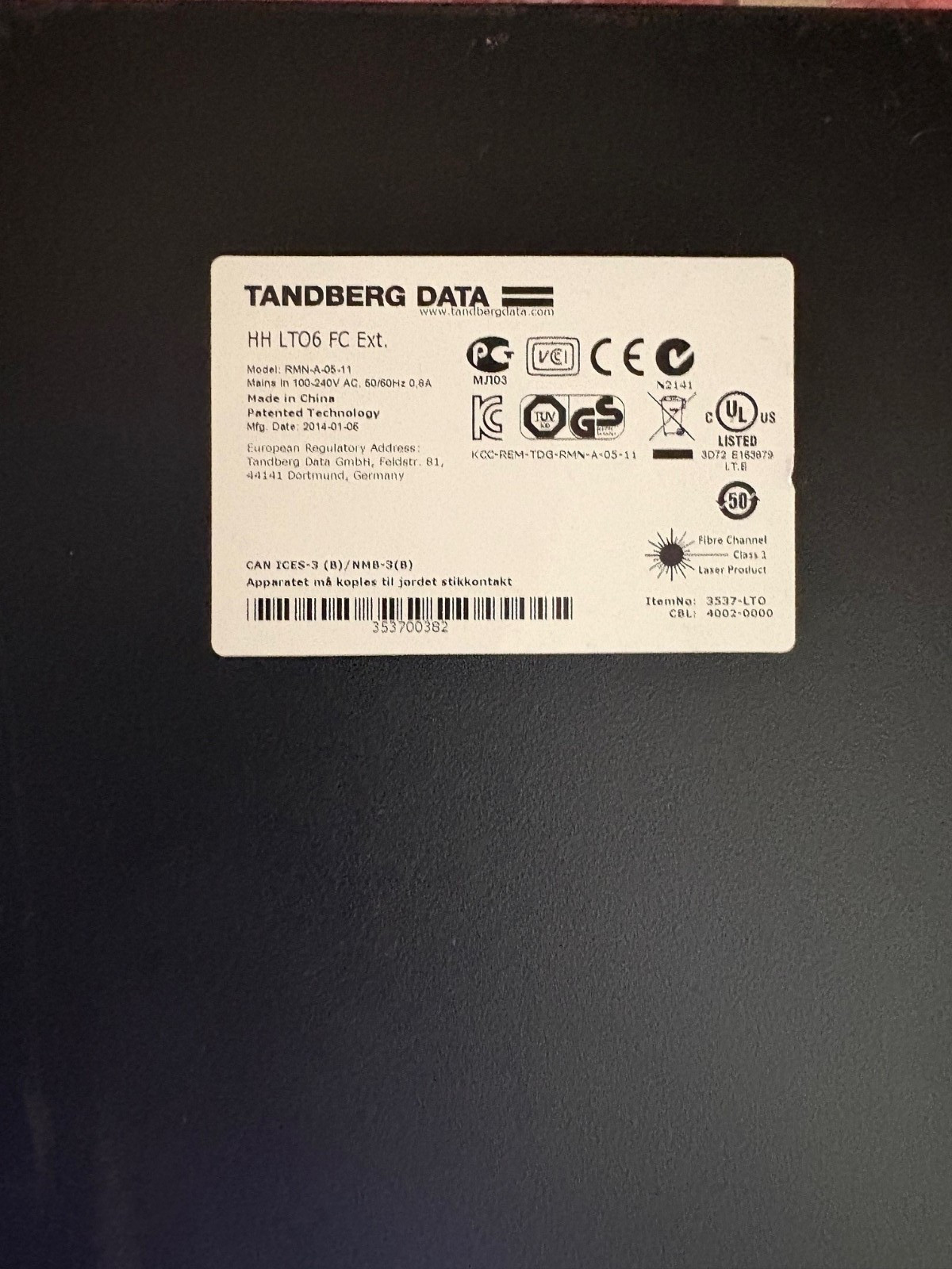 TANDBERG DATA HP 3537-LtO Exernal LTO6 FC Ultrium6250 LTO-6 HH SAS LTO6 FIBER