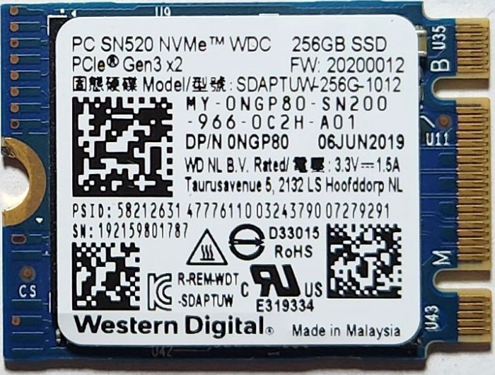 WD PC SN520 256GB NVMe M.2 2230 SSD SDAPTUW-256G-1012 PCle Gen3 x2 Solid State