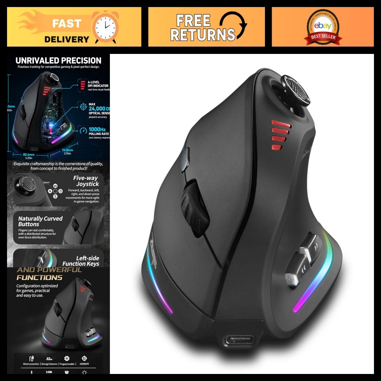 Wireless Ergonomic Vertical Gaming Mouse - Bluetooth, 2.4G, 12 Programmable Butt