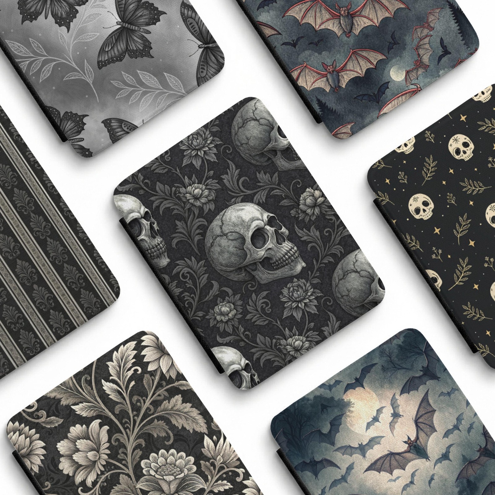 Gothic Monochrome Kindle Case Skull Roses Pattern Kindle Paperwhite 7" 12th Gen