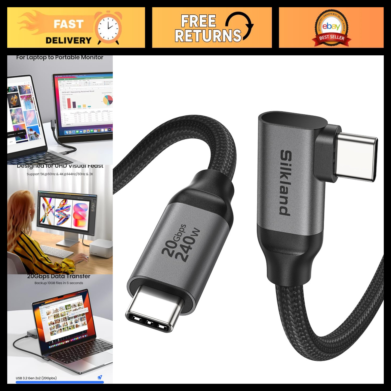 10FT Right Angle USB C Monitor Cable, 8K@30Hz, 5K/4K@60Hz, High-Speed Display Ca