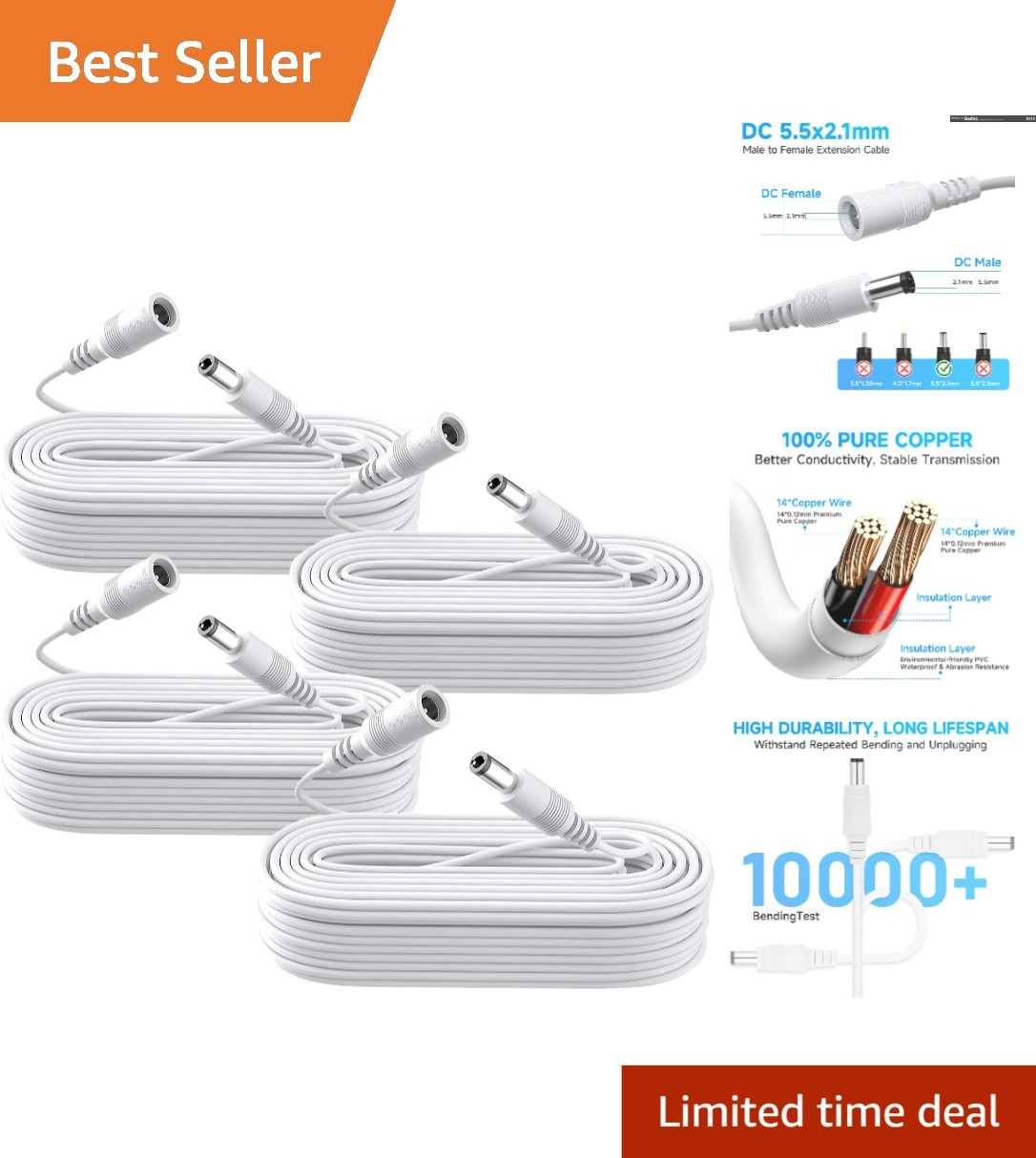 4PCS 33ft DC 12V Power Extension Cables - Versatile Solution for Cameras, Lights