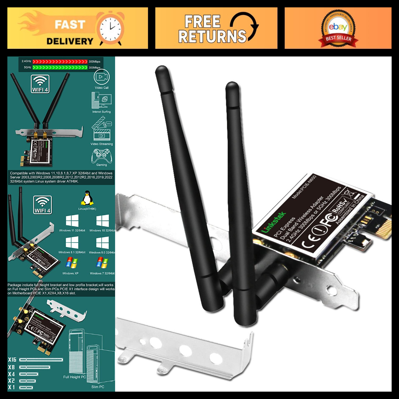 Wireless N 600Mbps PCIe WiFi Adapter Card, Dual Band 2.4GHz & 5GHz for PC