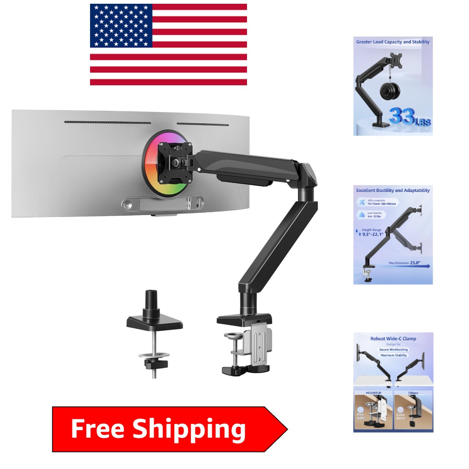 Alloy Steel Full Motion Monitor Mount - Supports 4.4-33 lbs with C-Clamp Base