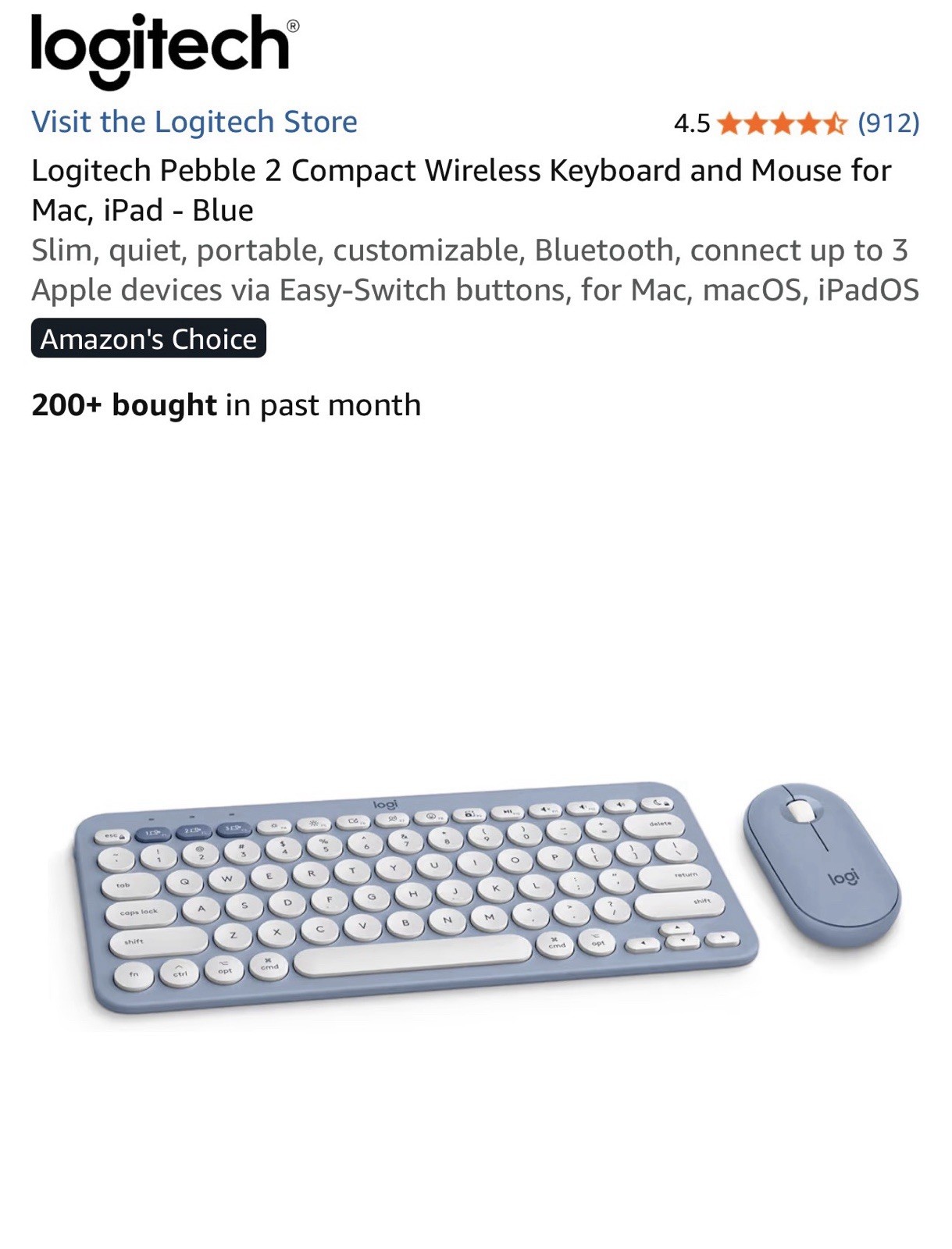 Logitech Pebble 2 Compact Wireless Keyboard and Mouse for Mac, iPad - Blue