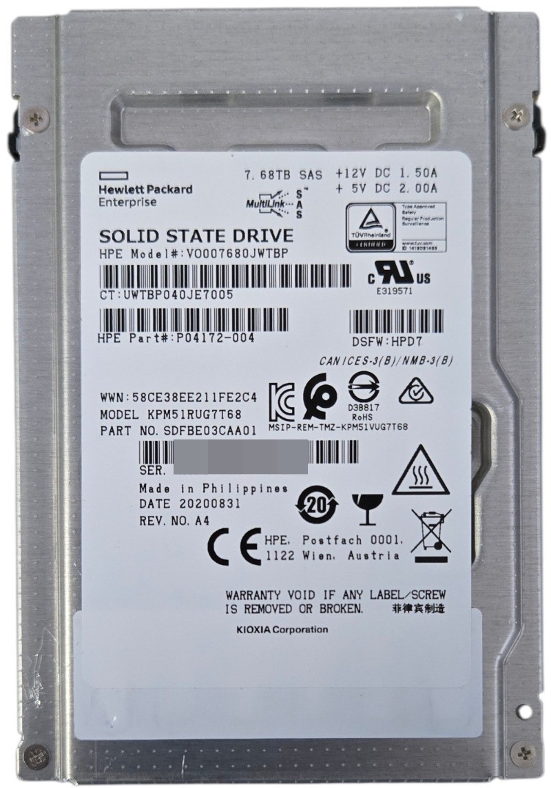HPE Kioxia PM5-R 7.68TB 12G SAS Read Intensive SSD 0 Hours KPM51RUG7T68