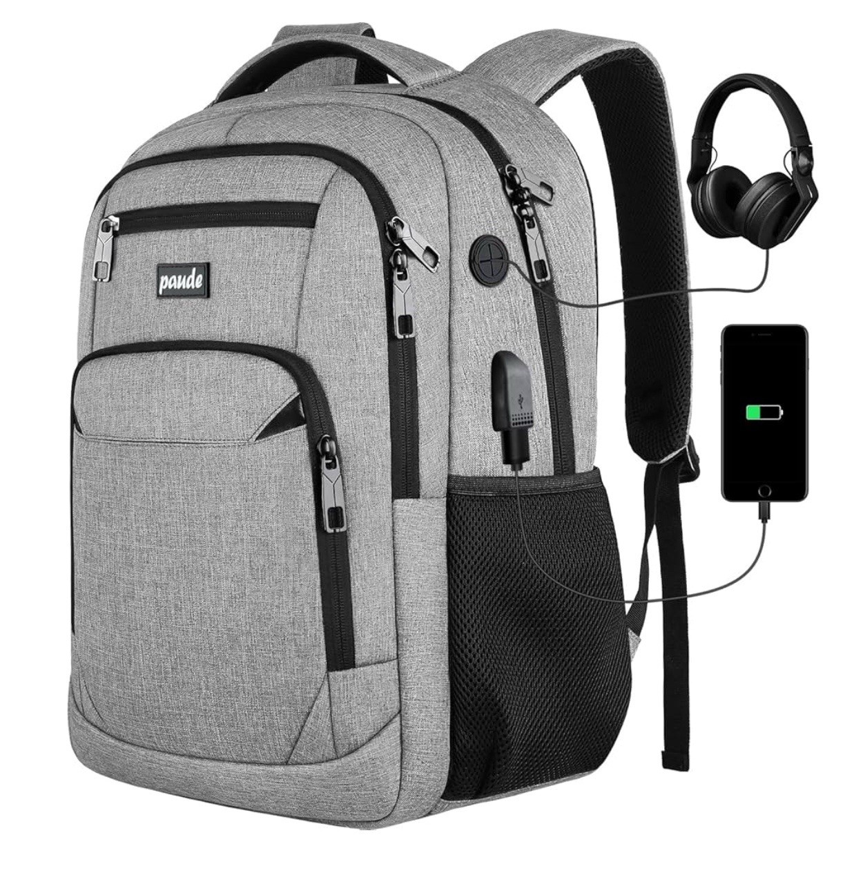 Paude Gray Backpack School,17.3 InchLaptop Backpack USB Charging Port,Waterproof
