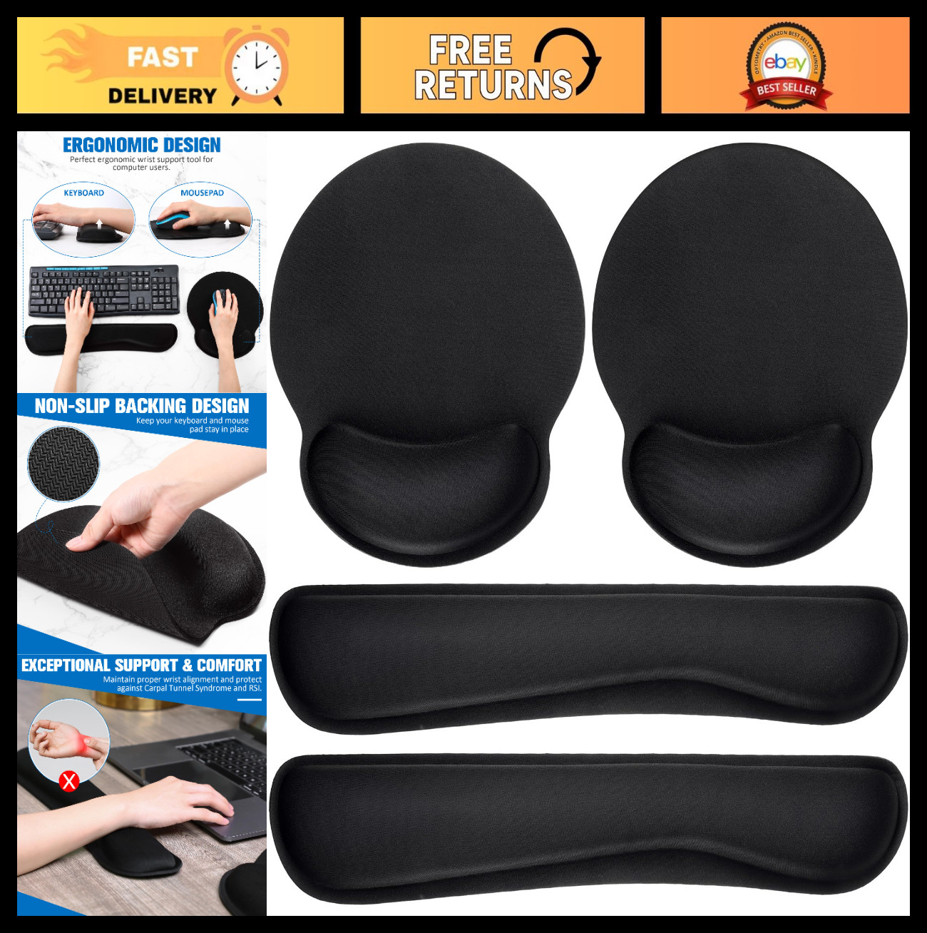 8 Pcs Ergonomic Mouse Pad & Keyboard Wrist Rest Set | Memory Foam Gel Cushion, S