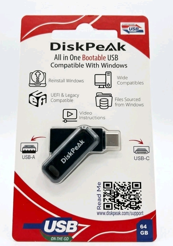 Universal 64GB Bootable USB Drive for Windows - Type-C & A - 150MB/s Speed