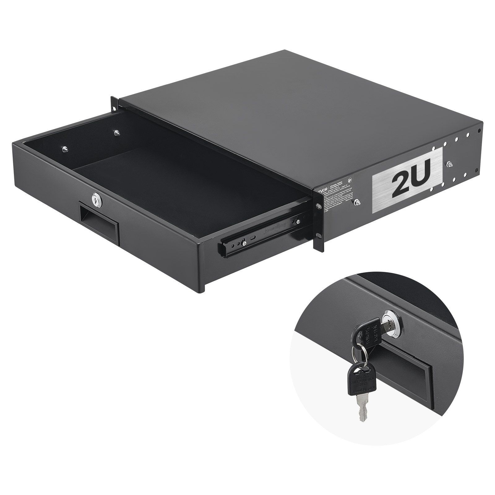 Steel 2U Lockable Sliding Drawer 50lb Rack Mount Cabinet Enclosure