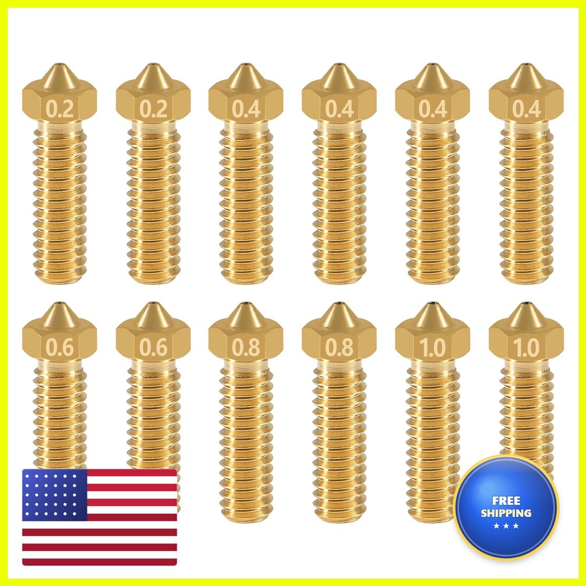 Aokin 3D Printer Brass Nozzle Volcano Nozzle, 12 Pcs Brass Nozzles Kit 0.2mm