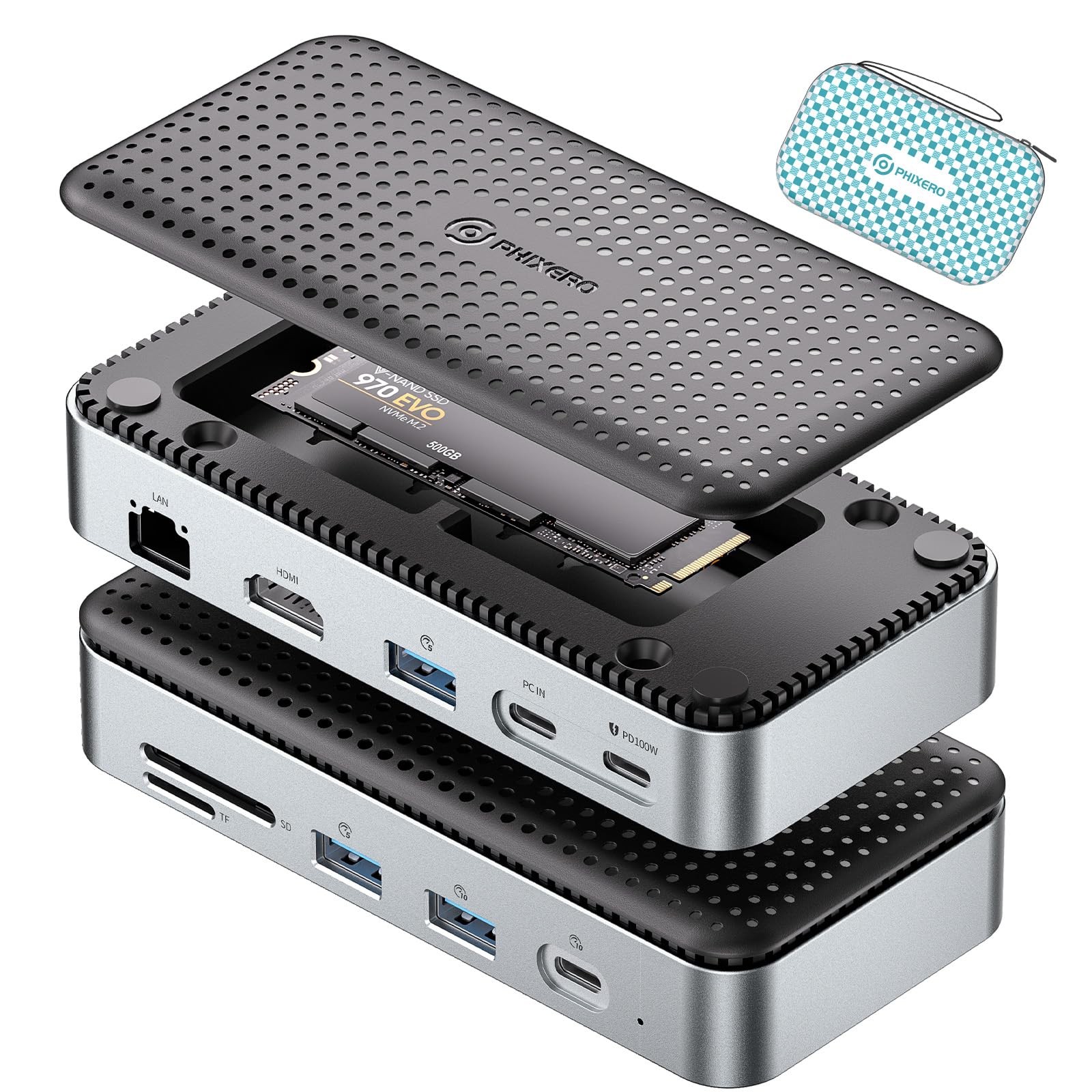 PHIXERO 11-in-1 Docking Station with M.2 NVME SATA SSD Enclosure, USB-C Hub w...