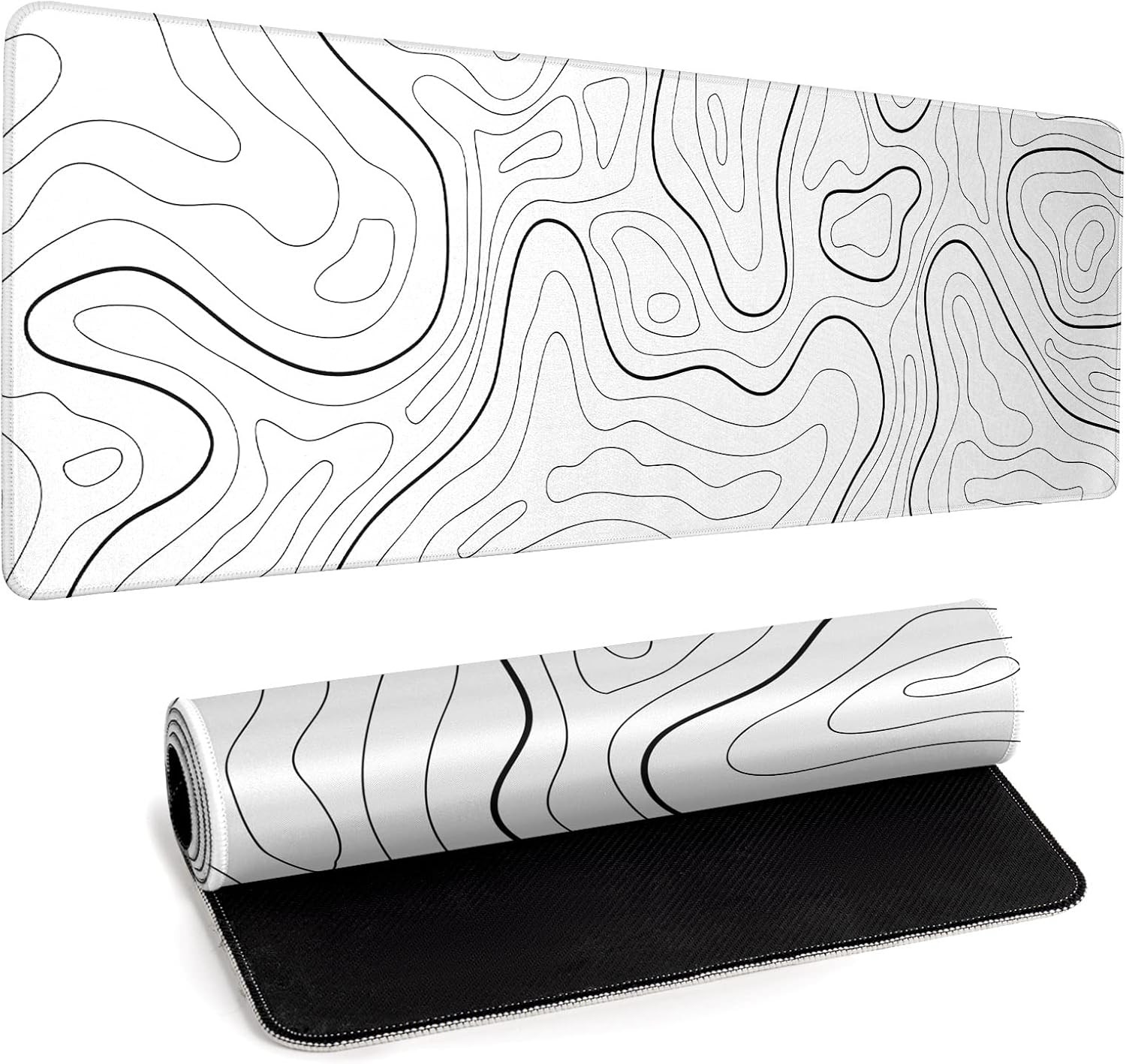 White Big Mousepad for Gaming Large Topographic Map Washable Desk Pad with Stitc