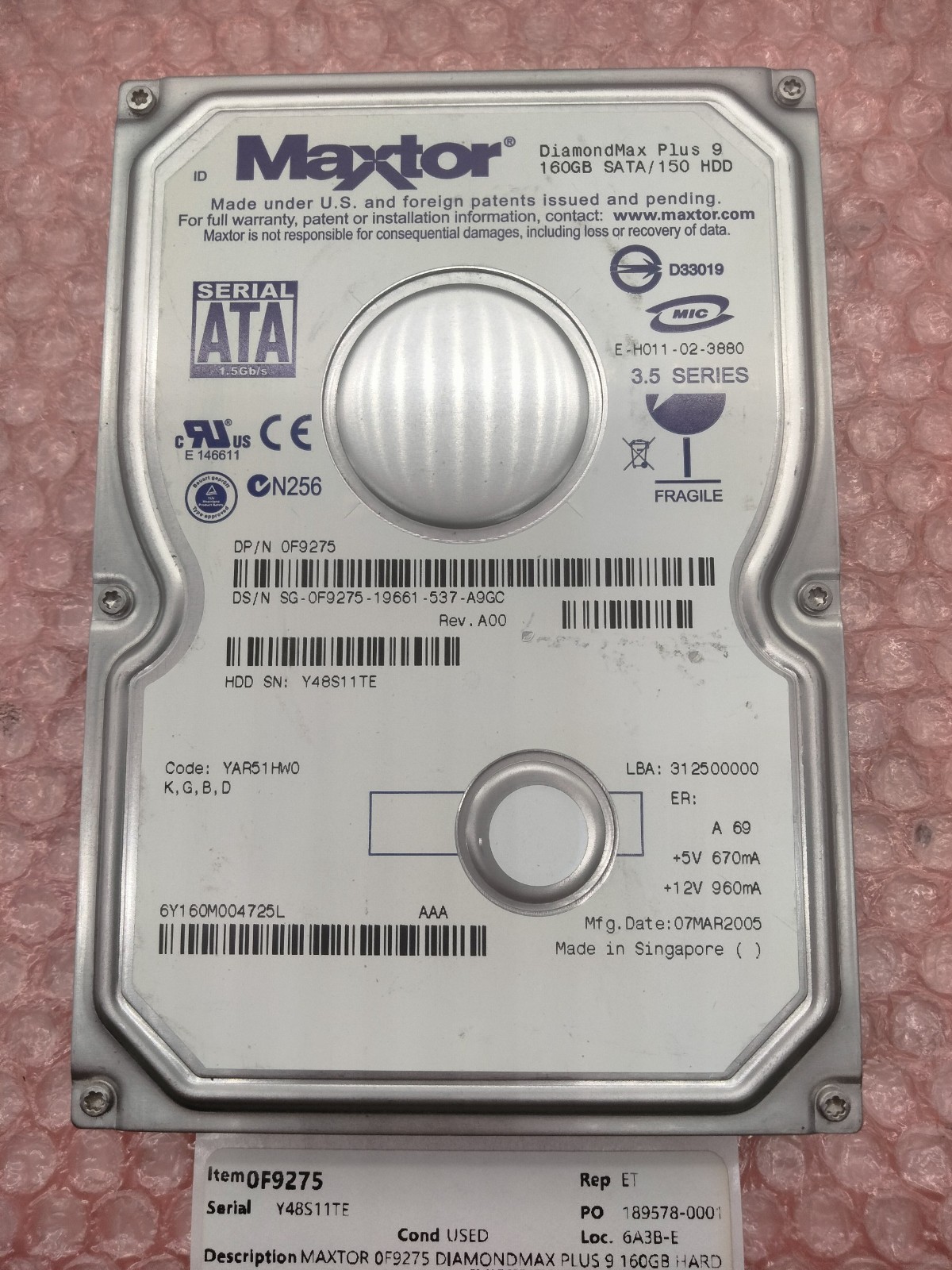 MAXTOR 0F9275 DIAMONDMAX PLUS 9 160GB HARD DRIVE