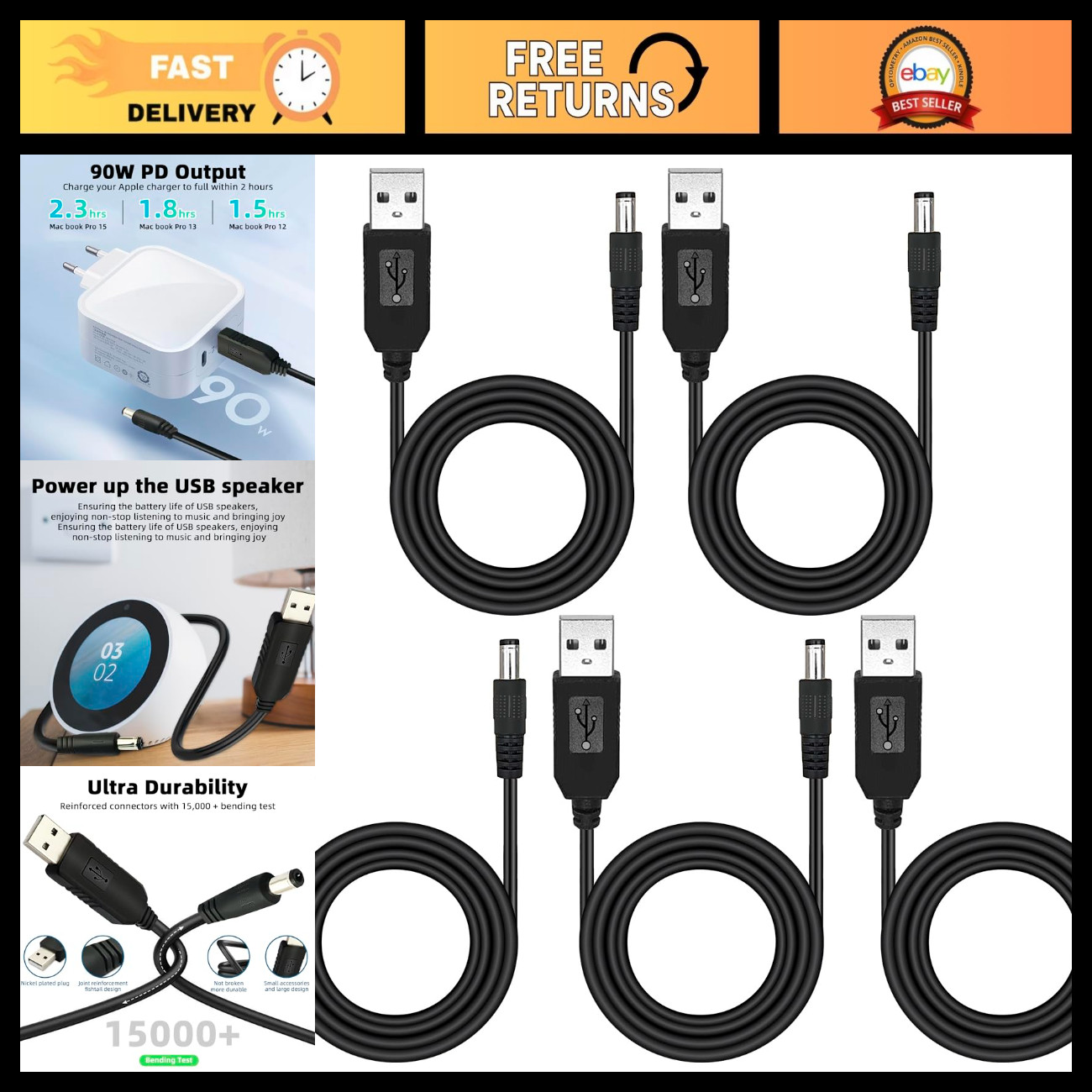 5PCS USB Power Supply Adapter Cable 5V to 9V DC Step Up Converter 5.5x2.1mm