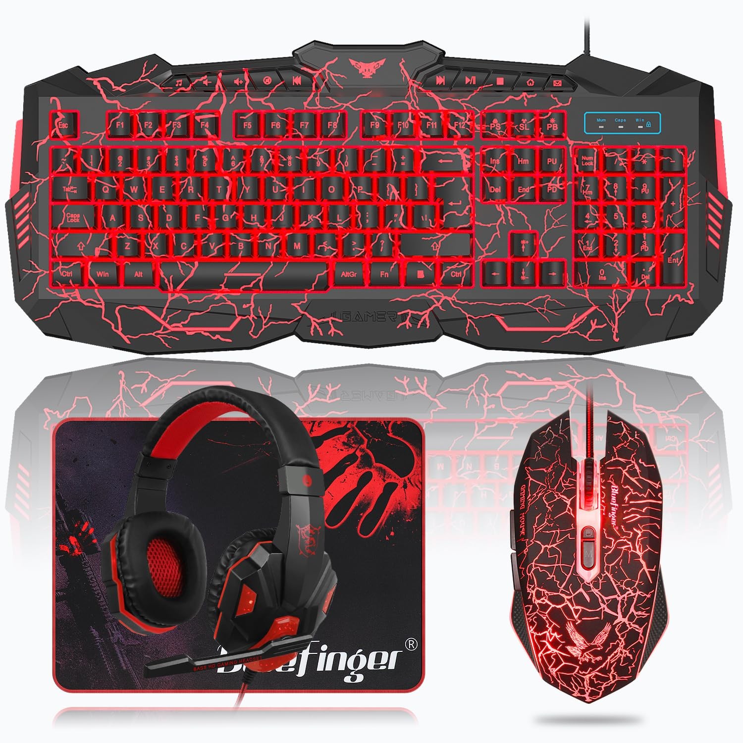 Gaming Keyboard Mouse Headset Combo, USB Wired Crack Backlit,114 Keys Letters...