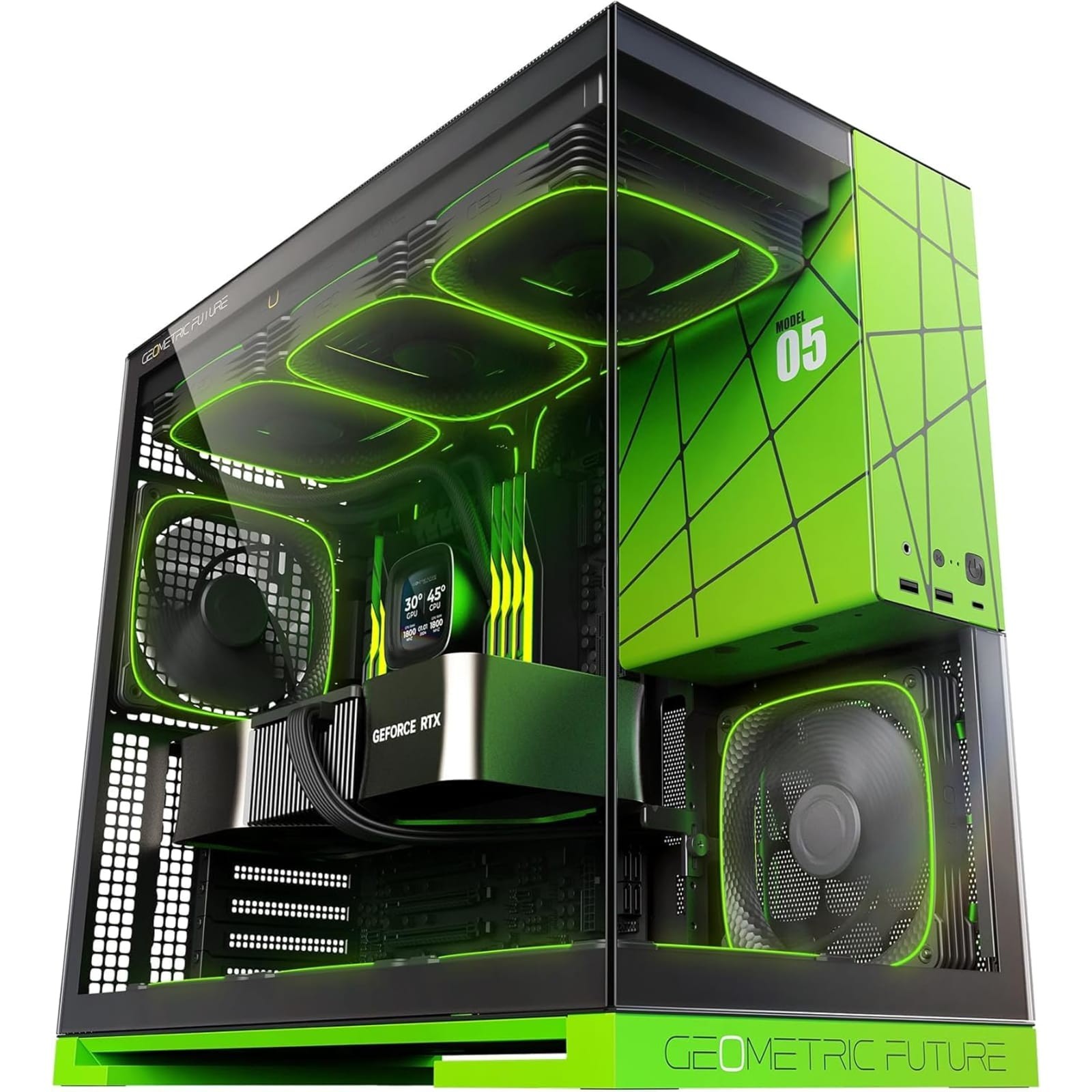 Geometric Future M5 E-ATX Mid Tower Gaming Case Black Green 5x 140mm ARGB Fans