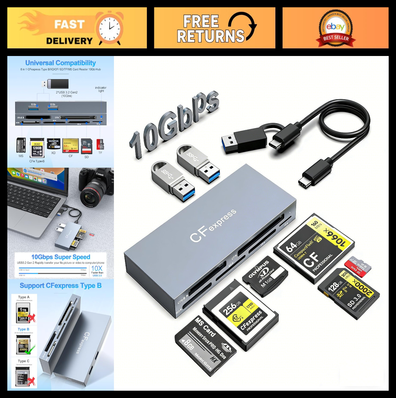 8-in-1 CFexpress Type B Card Reader Hub, 10Gbps Multi Memory Card Adapter for US