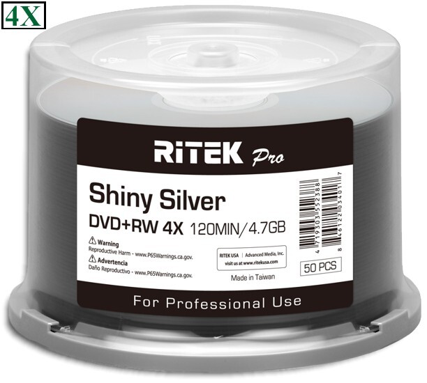 50-Pak RITEK PRO 4X Shiny-Silver Top 4.7GB DVD+RW Media in Cakebox