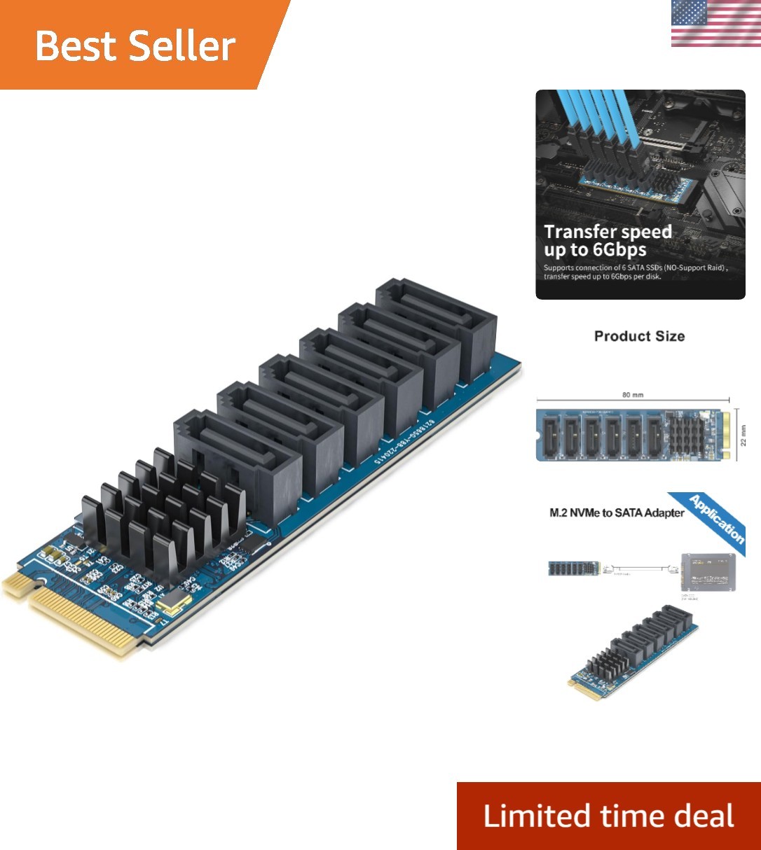 ASMedia M.2 to SATA3.0 Adapter with LED Indicator - Easy 6 Drive Connection