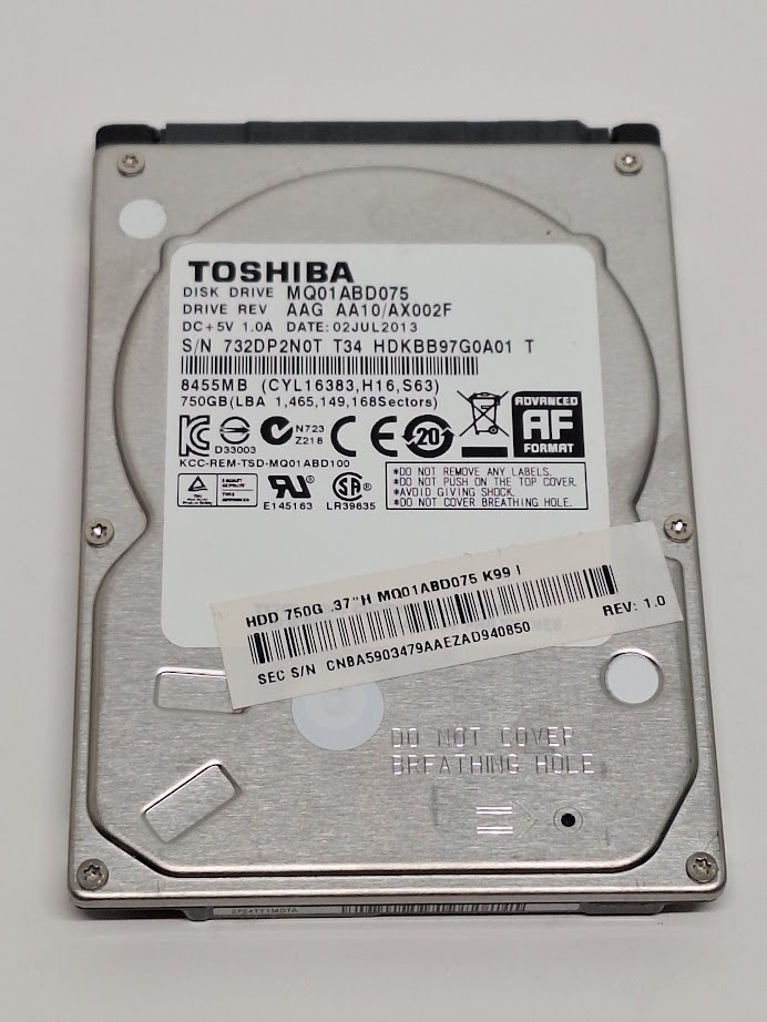 Toshiba MQ01ABD075 SATA Internal Hard Disk Drive HDD 750GB 2.5" Tested