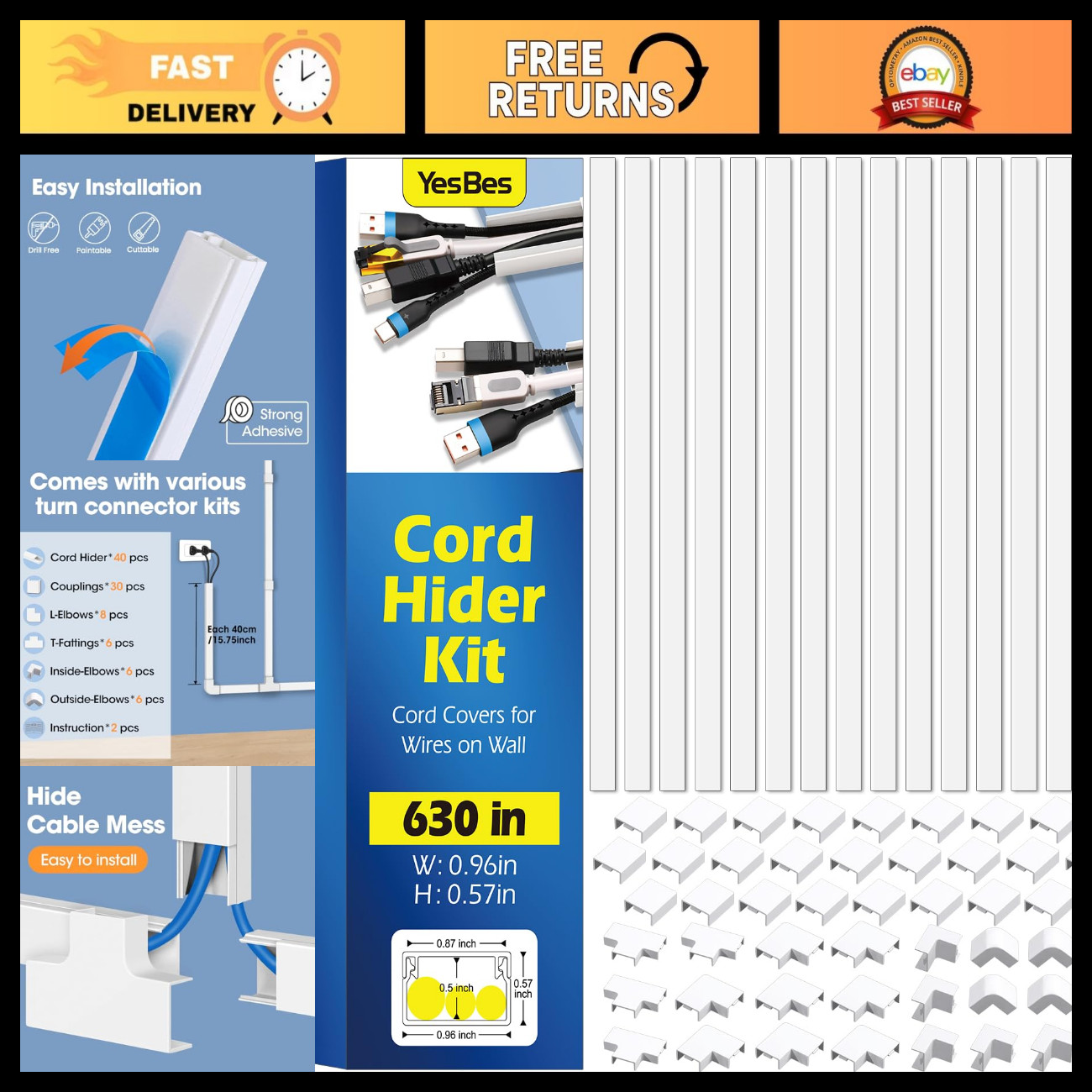 Cord Hider Kit 630in - Paintable Cable Raceway & Wall Wire Covers for TV Cords