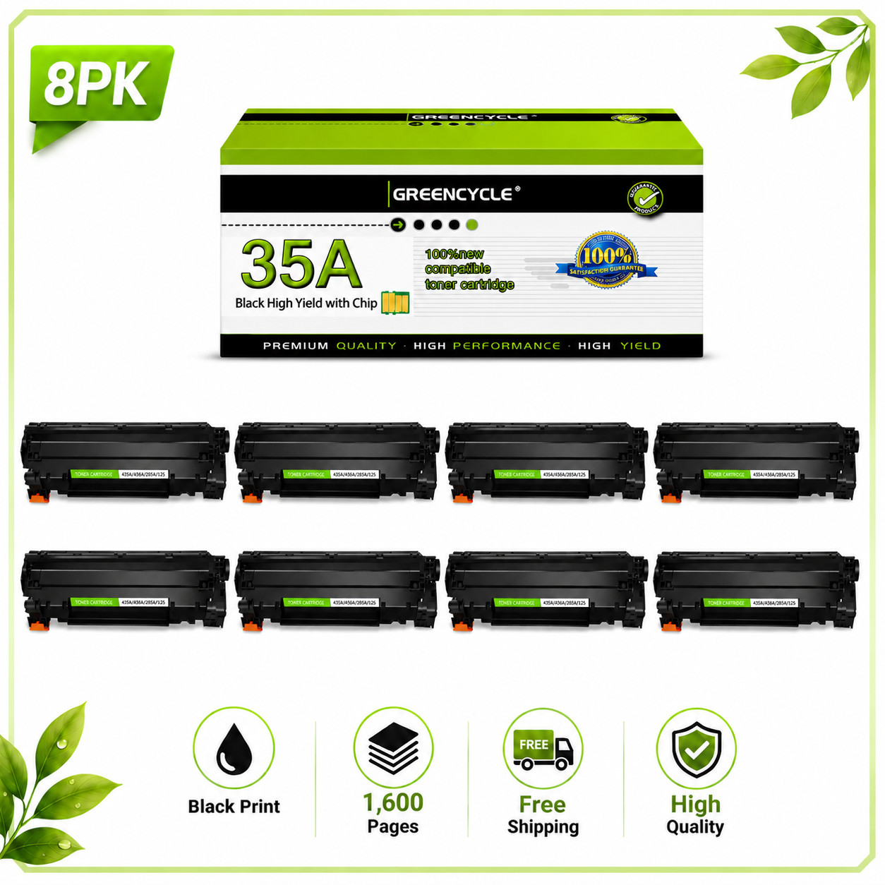8PCS Compatible Toner Cartridge CB435A 35A For HP LaserJet P1002 P1003 P1009