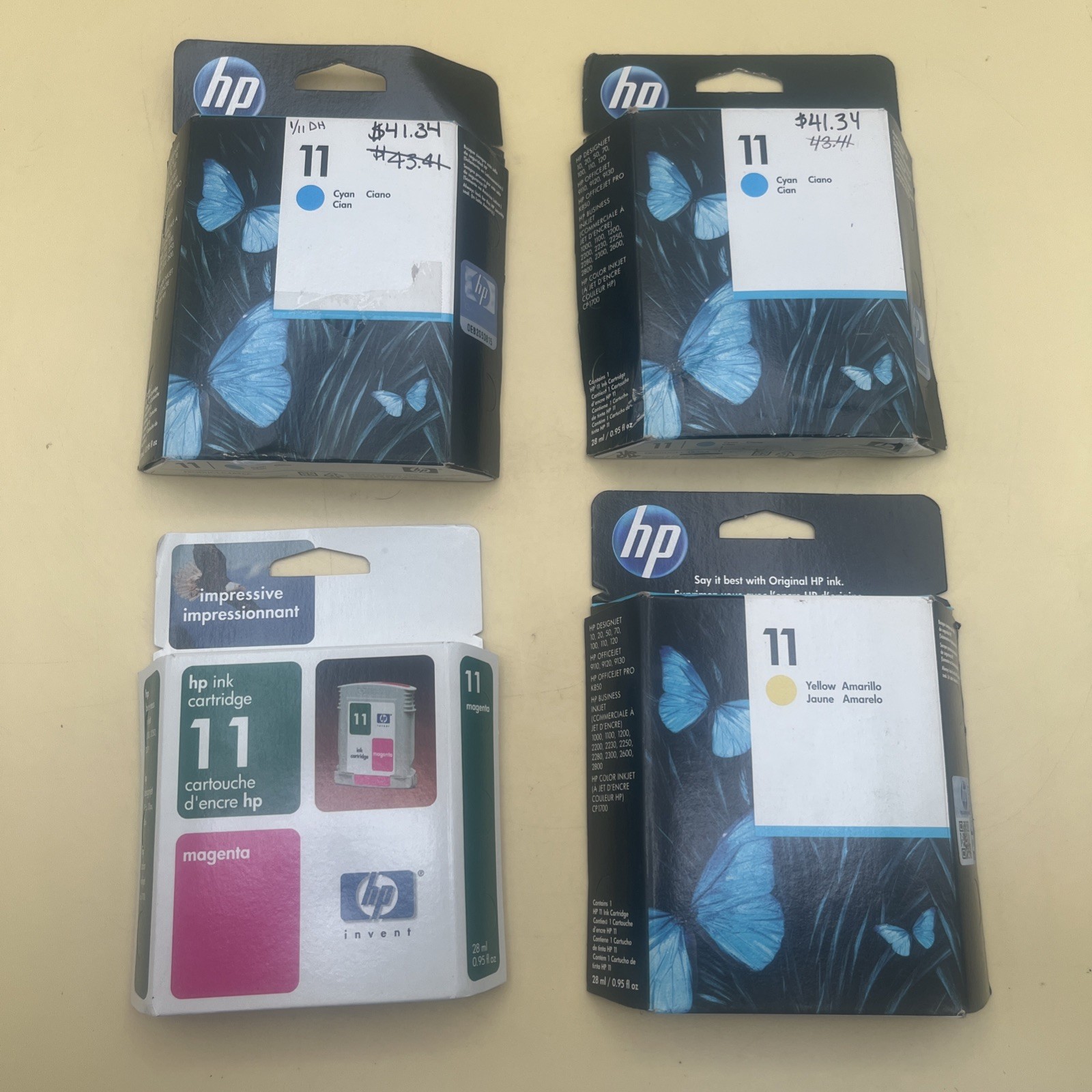 HP 11 Yellow Magenta & Cyan Ink C4838A C4837A C4836A Sealed OEM DesignJet 11 NEW